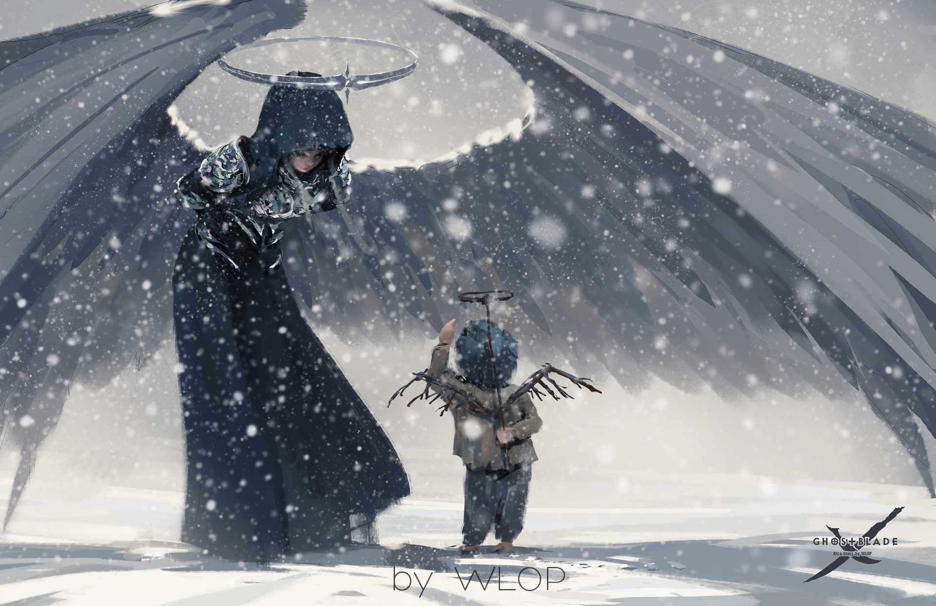 1080P, Others, hoodie, angel, ghostblade, wings, comics, snow, HD Wallpaper