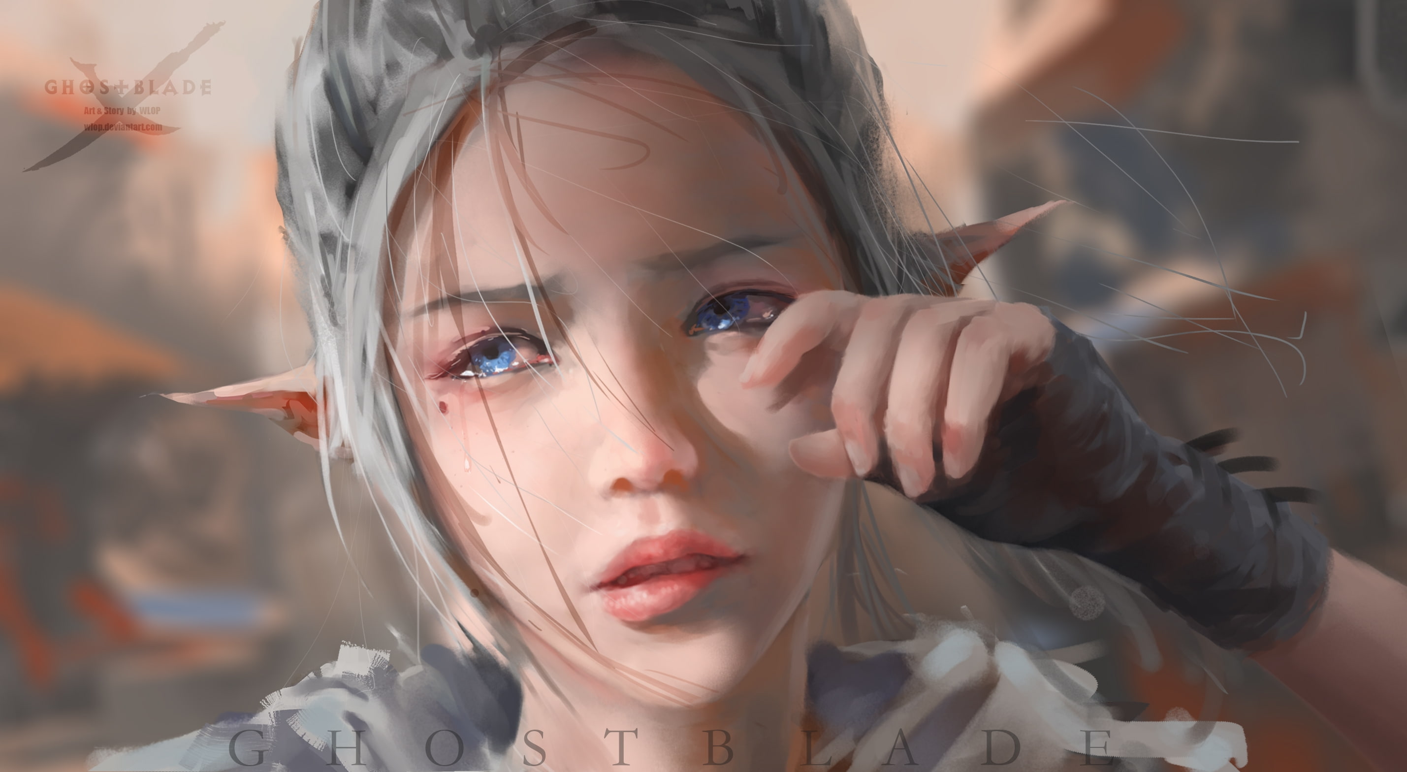 silver hair, Fantasy, blue eyes, fantasy girl, ghostblade, 2K, crying, elf ears, HD Wallpaper