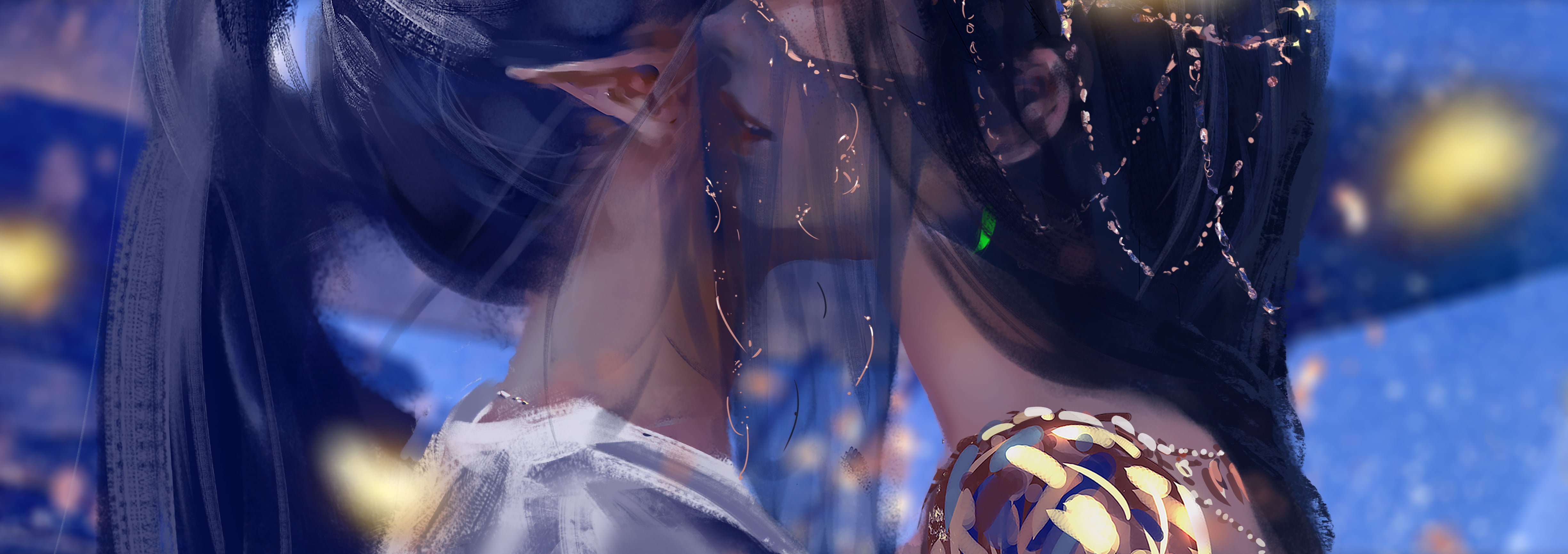 ponytail, Ghostblade, two women, armor, Aeolian, black hair, pointed ears, 4K, gray hair, celestial, HD Wallpaper