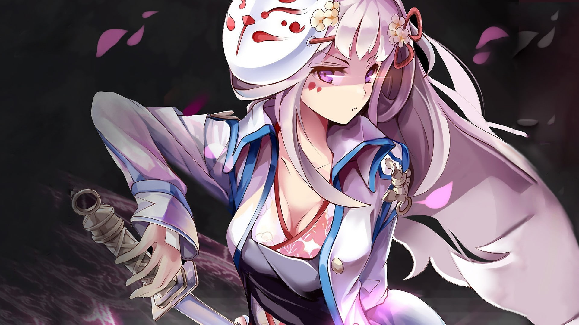 Sword Girls (game), long hair, 1080P, anime, sword, mask, anime girls, purple eyes, Crux Knight Pintail, HD Wallpaper