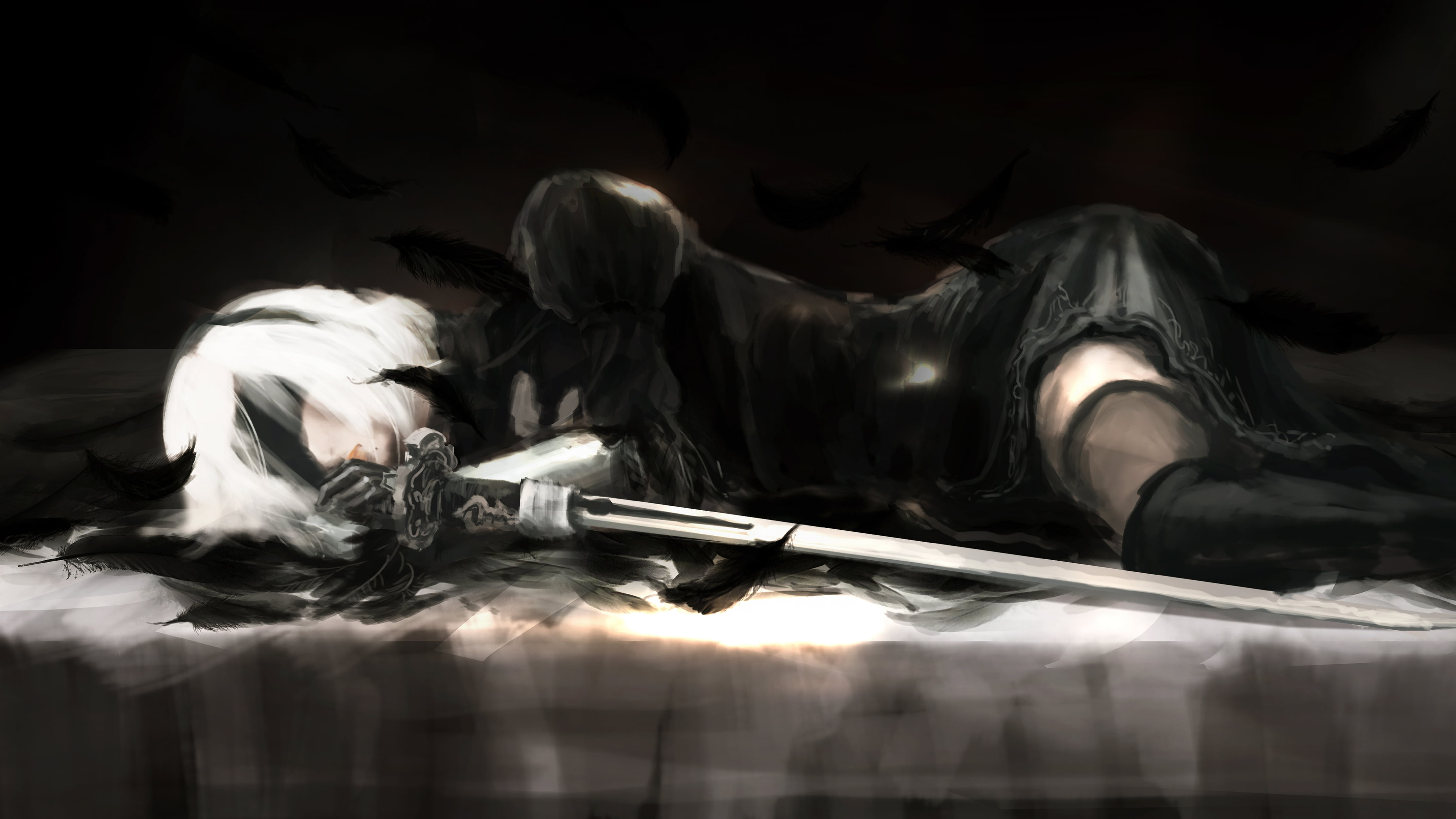 4K, Lying Down, Black Dress, Short Hair, Video Game, Sword, Feather, NieR: Automata, Girl, White Hair, HD Wallpaper