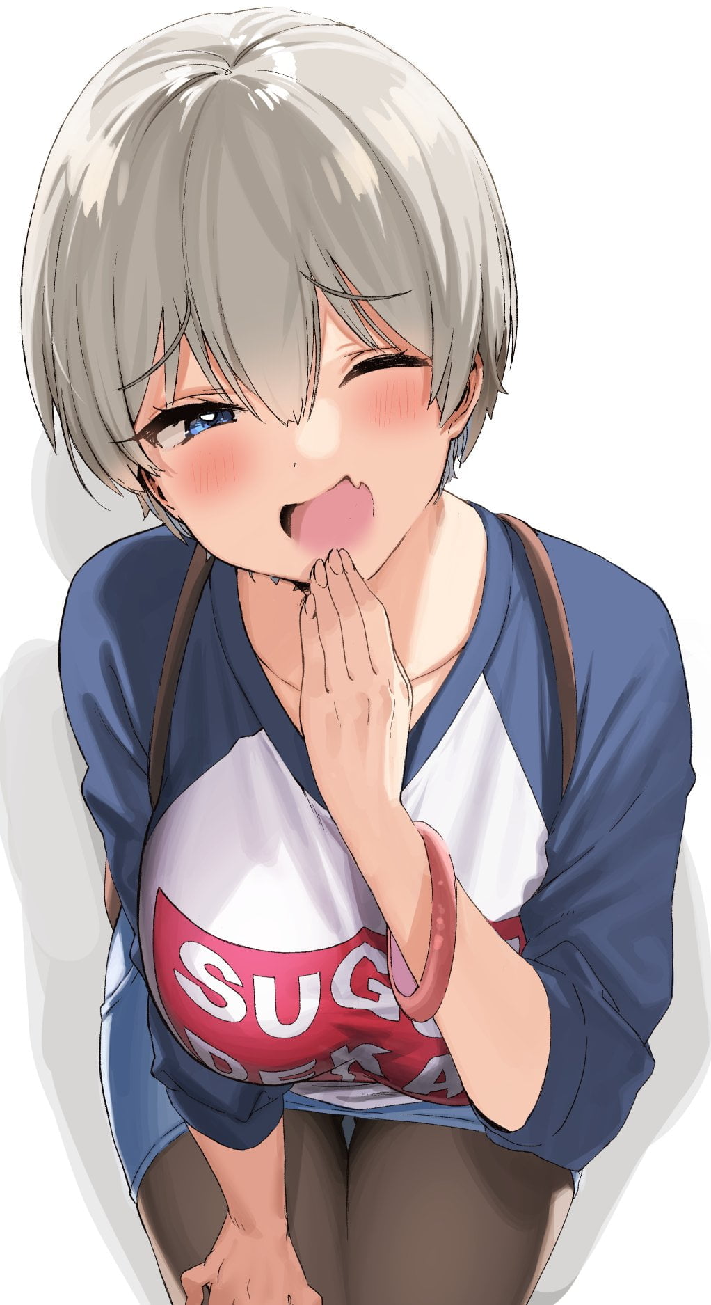 blue eyes, anime, short hair, laughing, Uzaki Hana, Uzaki-chan wa Asobitai!, jeans skirt, 720P, fan art, blush, T-shirt, bracelets, backpacks, bag, Sugoi Dekai shirt, Phone HD Wallpaper