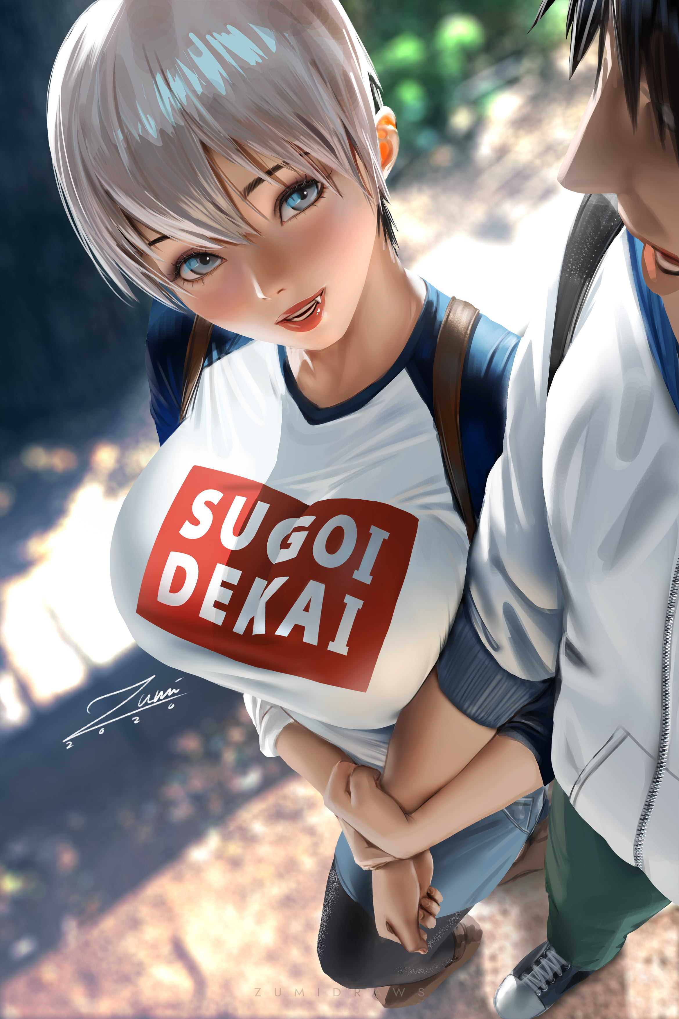 artwork, fan art, 2K, zumidraws, smiling, digital art, illustration, drawing, anime, silver hair, Zumi, women, Uzaki-chan wa Asobitai!, Uzaki Hana, short hair, Phone HD Wallpaper