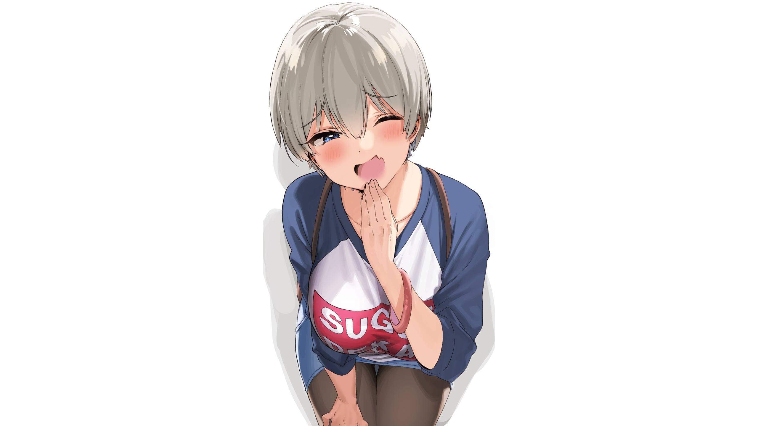 blush, simple background, tights, Kanzarin, Uzaki-chan wa Asobitai!, 2K, miniskirt, thighs, anime girls, pantyhose, Uzaki Hana, anime, big boobs, HD Wallpaper