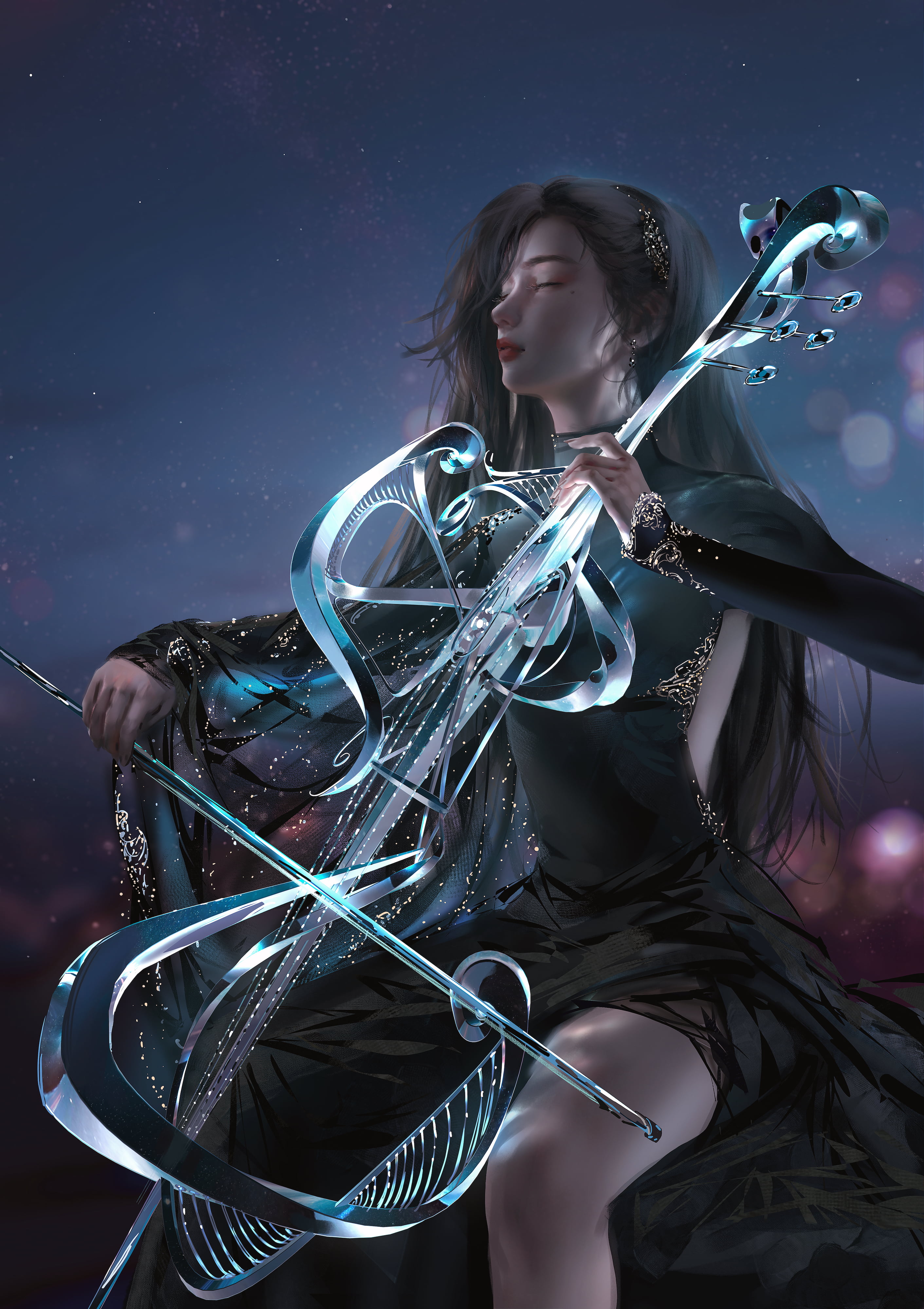 fantasy art, fantasy girl, Nixeu, fan art, black clothing, artwork, digital art, women, illustration, long hair, drawing, 4K, Phone HD Wallpaper