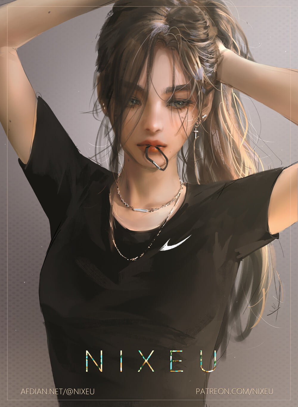 ponytail, Nixeu, Nike, women, digital painting, digital art, 720P, artwork, necklace, black clothing, Phone HD Wallpaper