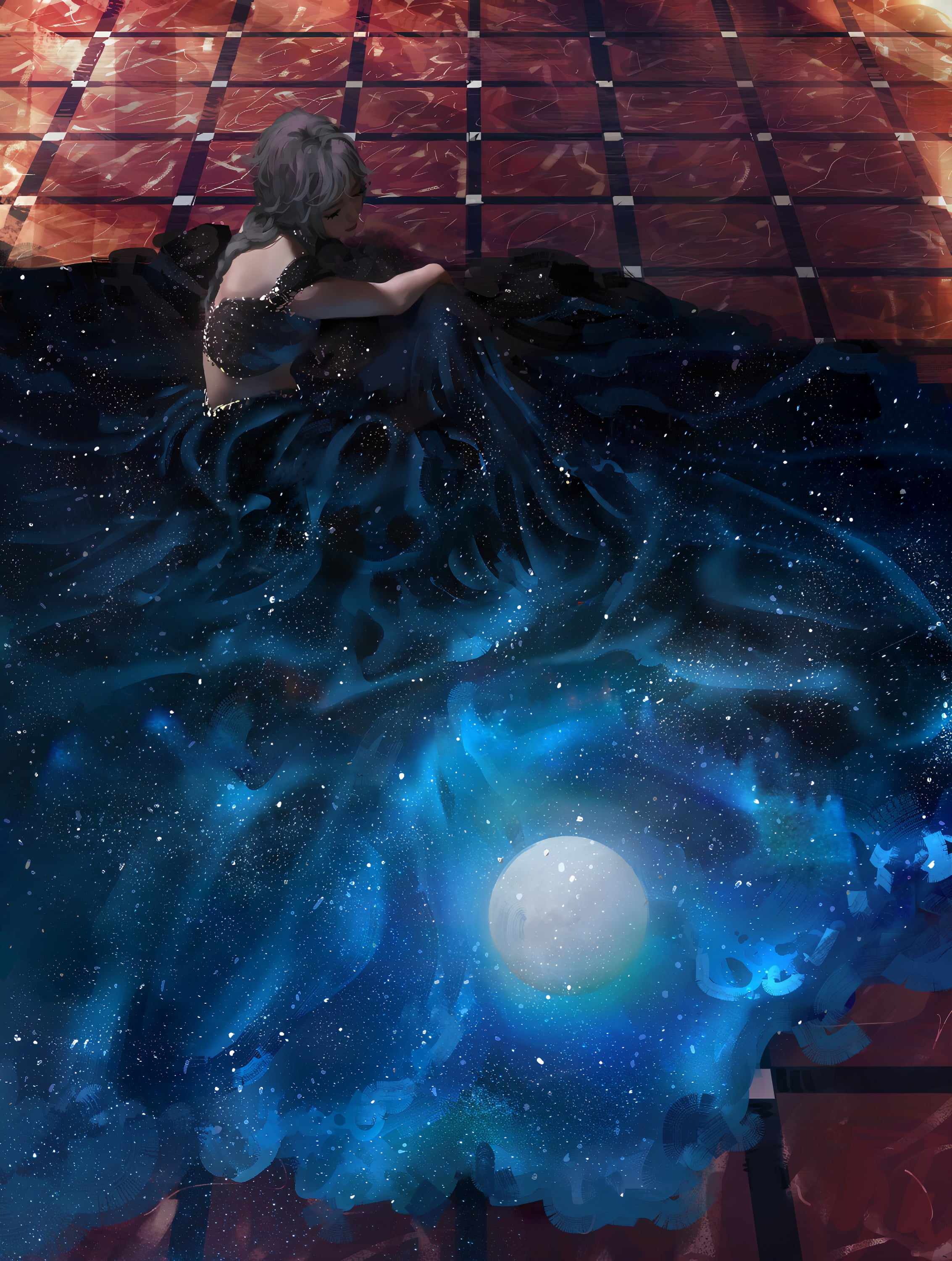 ponytail, anime girls, 2K, artwork, stars, Nixeu, digital art, fan art, Moon, women, portrait display, sitting, digital painting, Phone HD Wallpaper