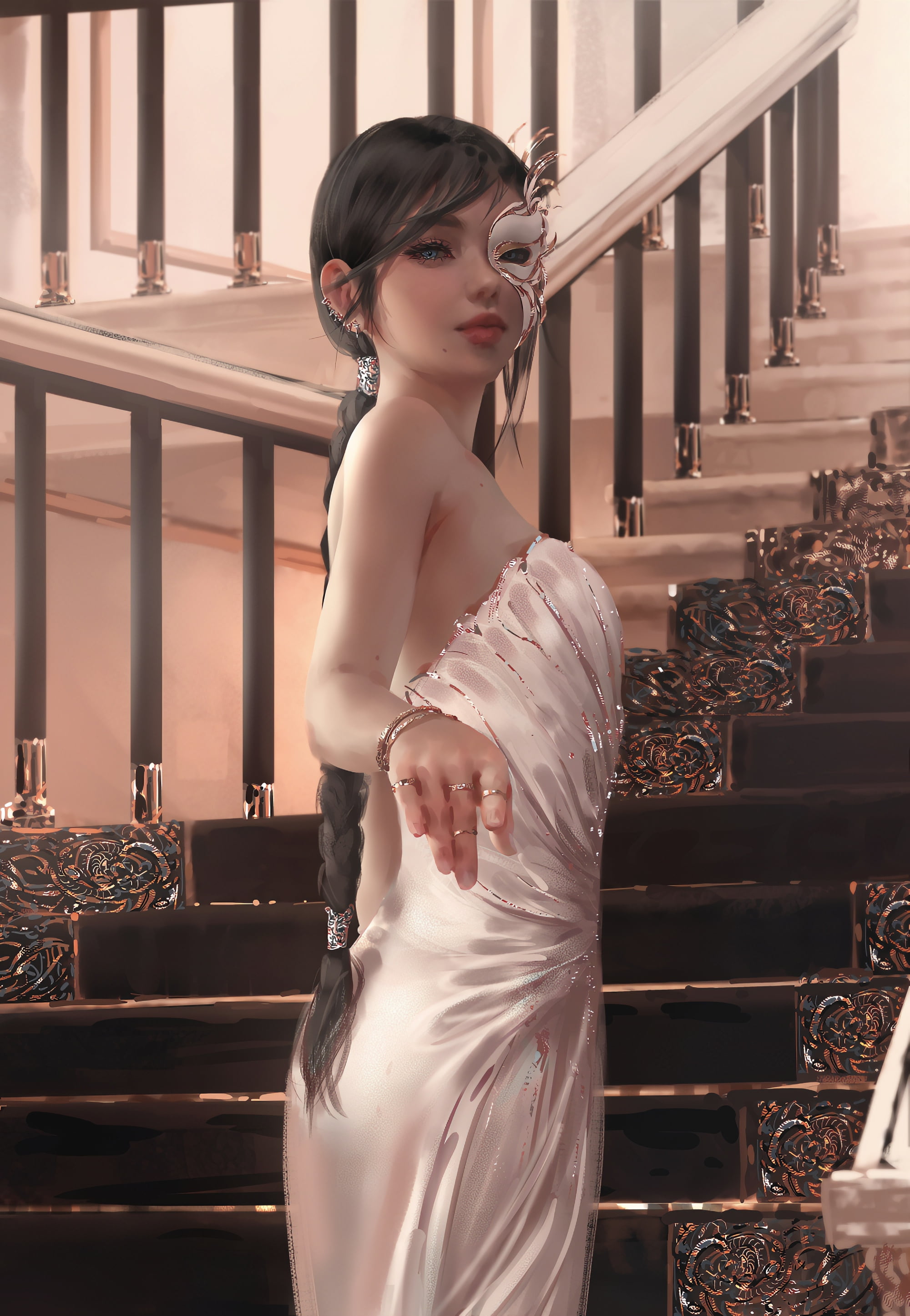digital painting, stairs, bare shoulders, white clothing, digital art, looking at viewer, Nixeu, fan art, portrait display, young woman, women, artwork, Phone HD Wallpaper
