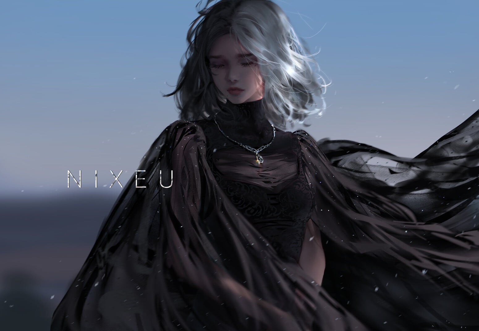 necklace, sky, black clothing, 720P, women, Nixeu, closed eyes, drawing, HD Wallpaper