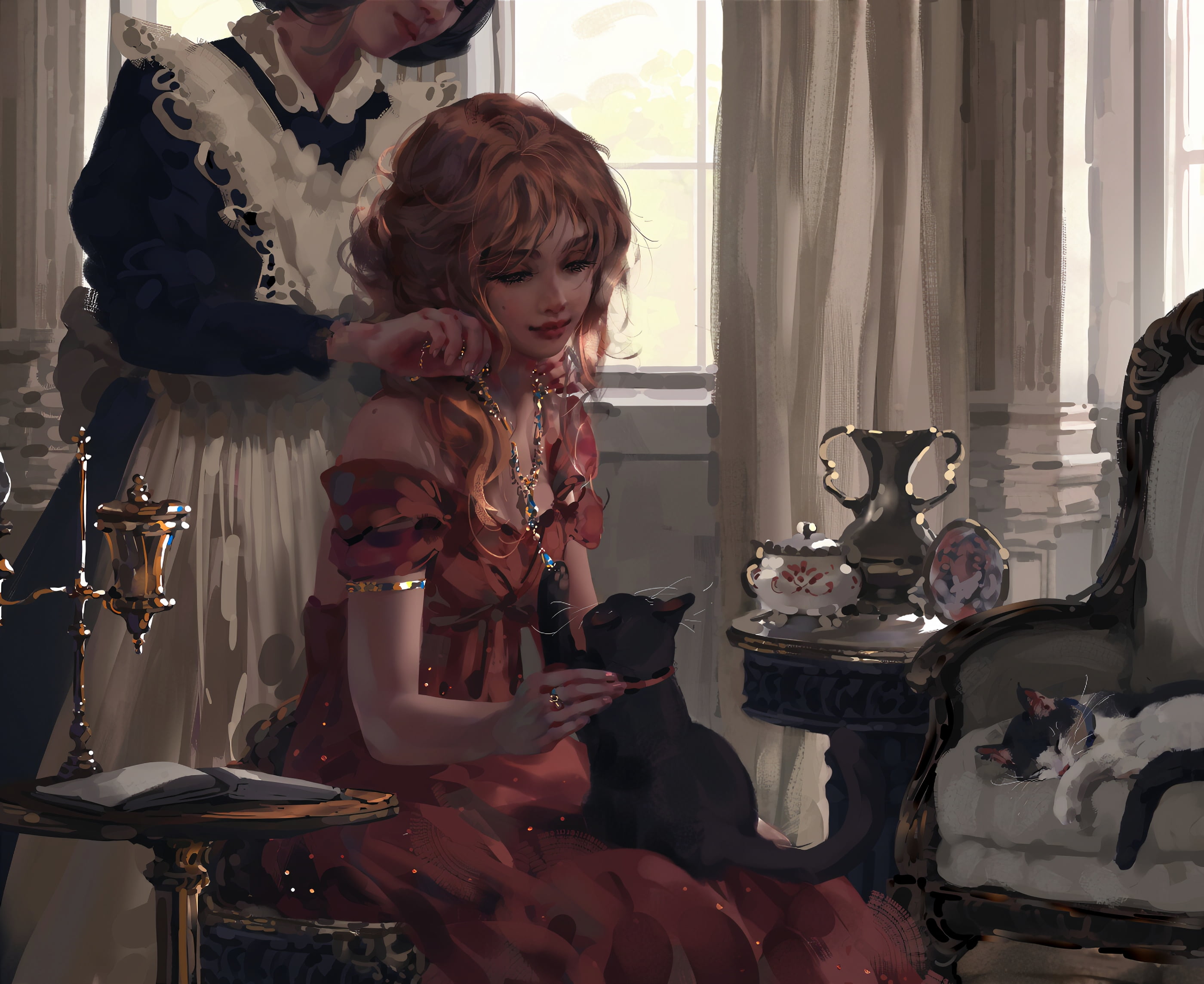 by the window, redhead, anime girls, sitting, cats, 2K, Nixeu, black cats, artwork, fan art, necklace, digital painting, red dress, digital art, HD Wallpaper