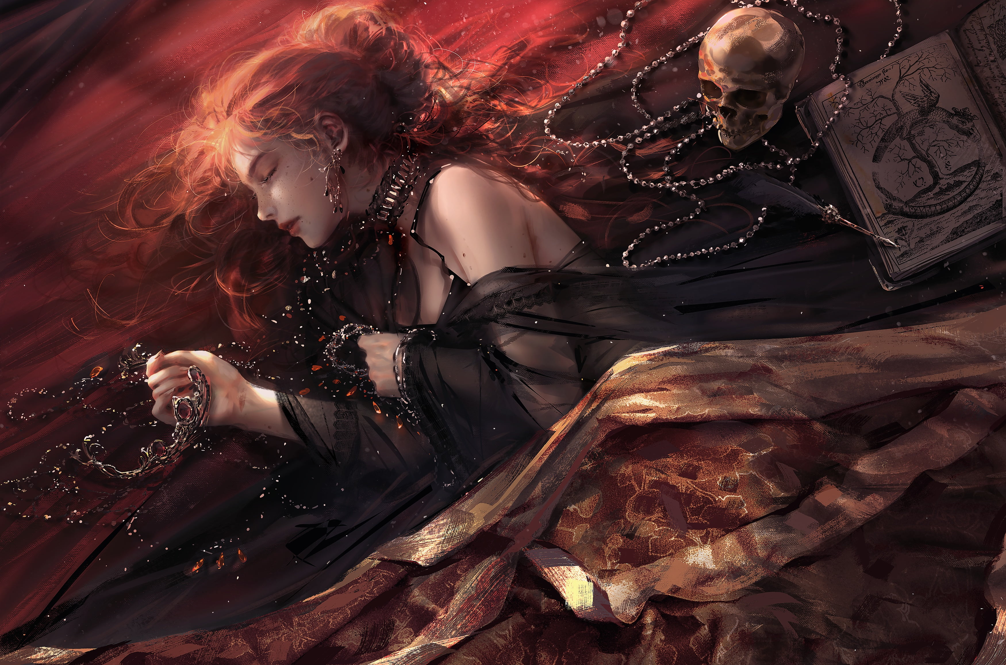 artwork, 2K, skull, sleeping, redhead, women, bed, Nixeu, HD Wallpaper
