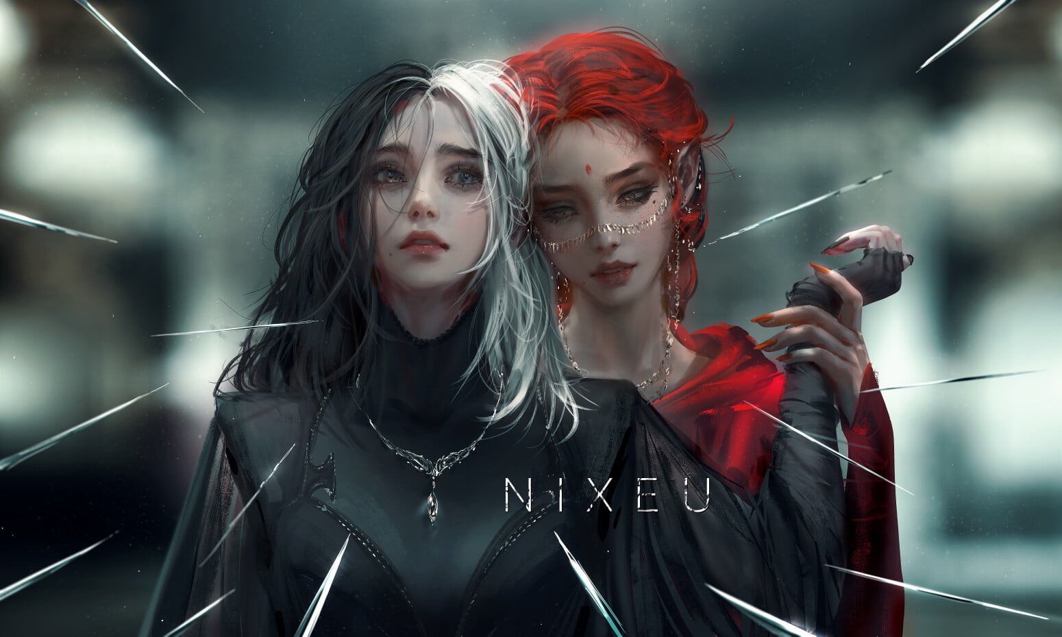 redhead, 720P, Nixeu, white hair, dark hair, artwork, women, fantasy art, HD Wallpaper