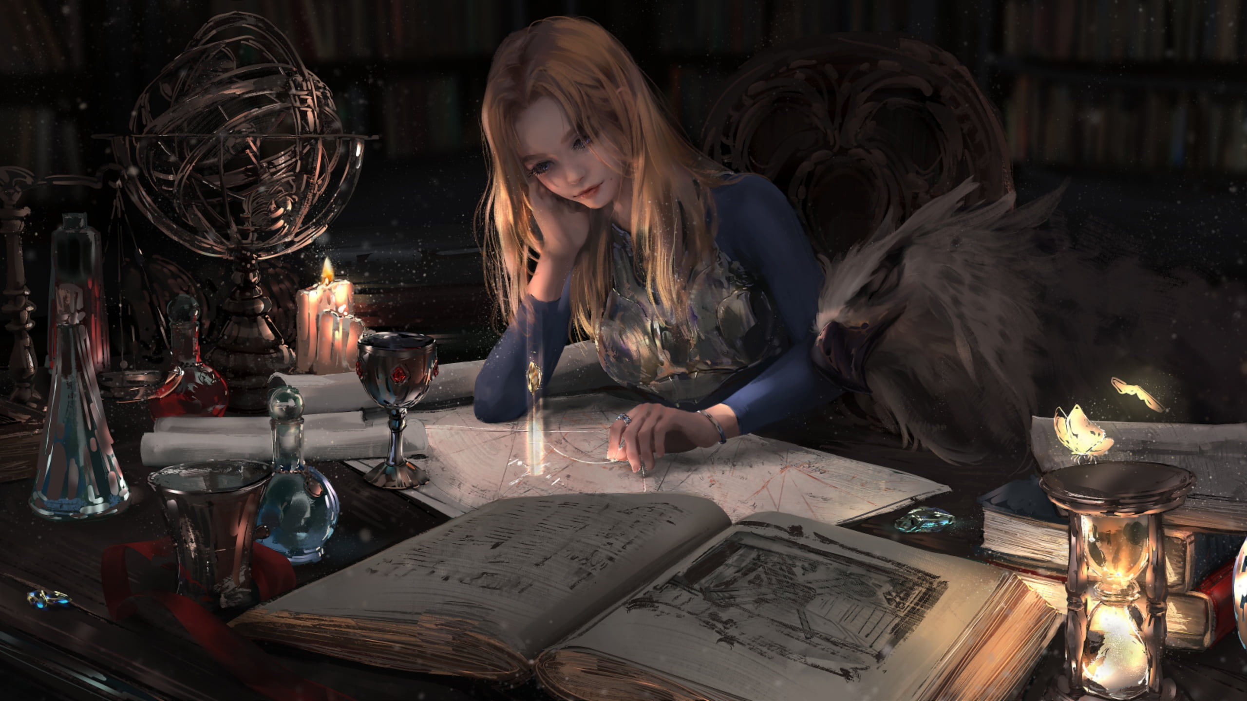 alchemy, magic books, hourglass, library, butterfly, Griffin, by Nixeu, globe, 2K, candles, sitting in the chair, the witch, Cup, HD Wallpaper
