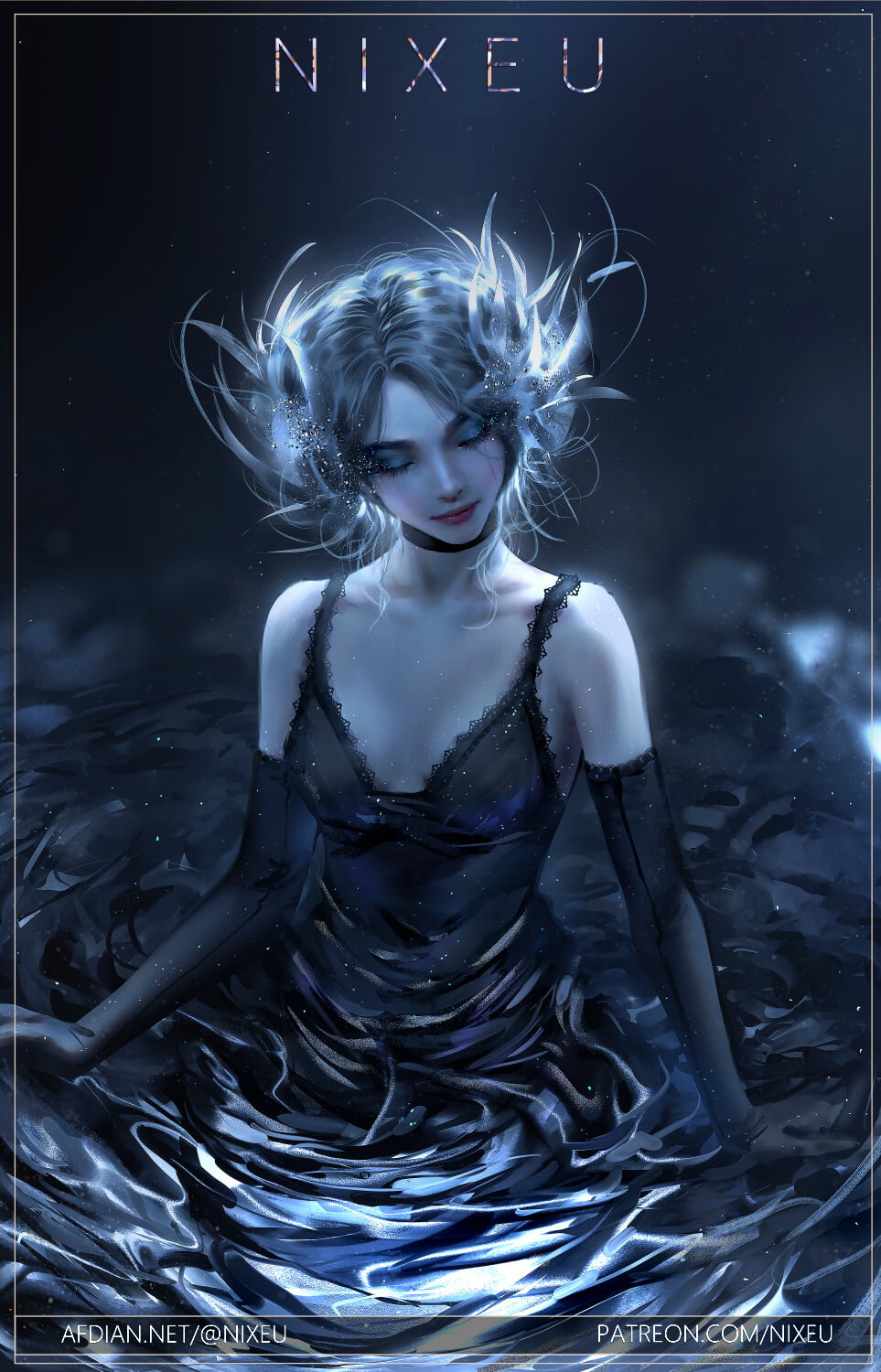 glowing, elbow gloves, dark hair, makeup, black clothing, Nixeu, women, 720P, frame, drawing, dress, Phone HD Wallpaper