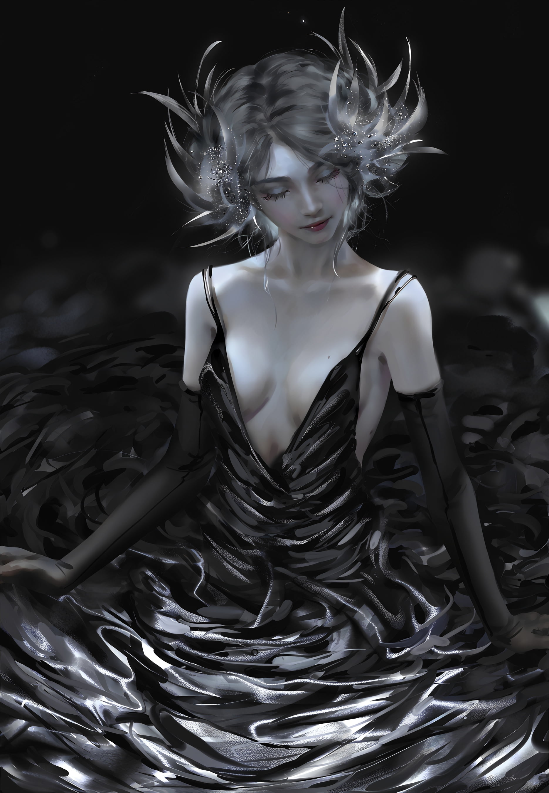 Nixeu, black dress, cleavage, closed eyes, 2K, short hair, dress, elbow gloves, no bra, Phone HD Wallpaper