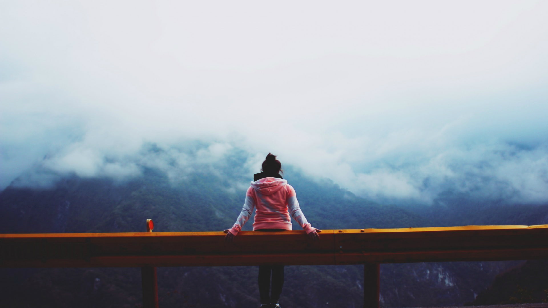 looking into the distance, 1080P, photography, sky, back, mountains, Chill Out, clouds, women outdoors, mist, women, HD Wallpaper