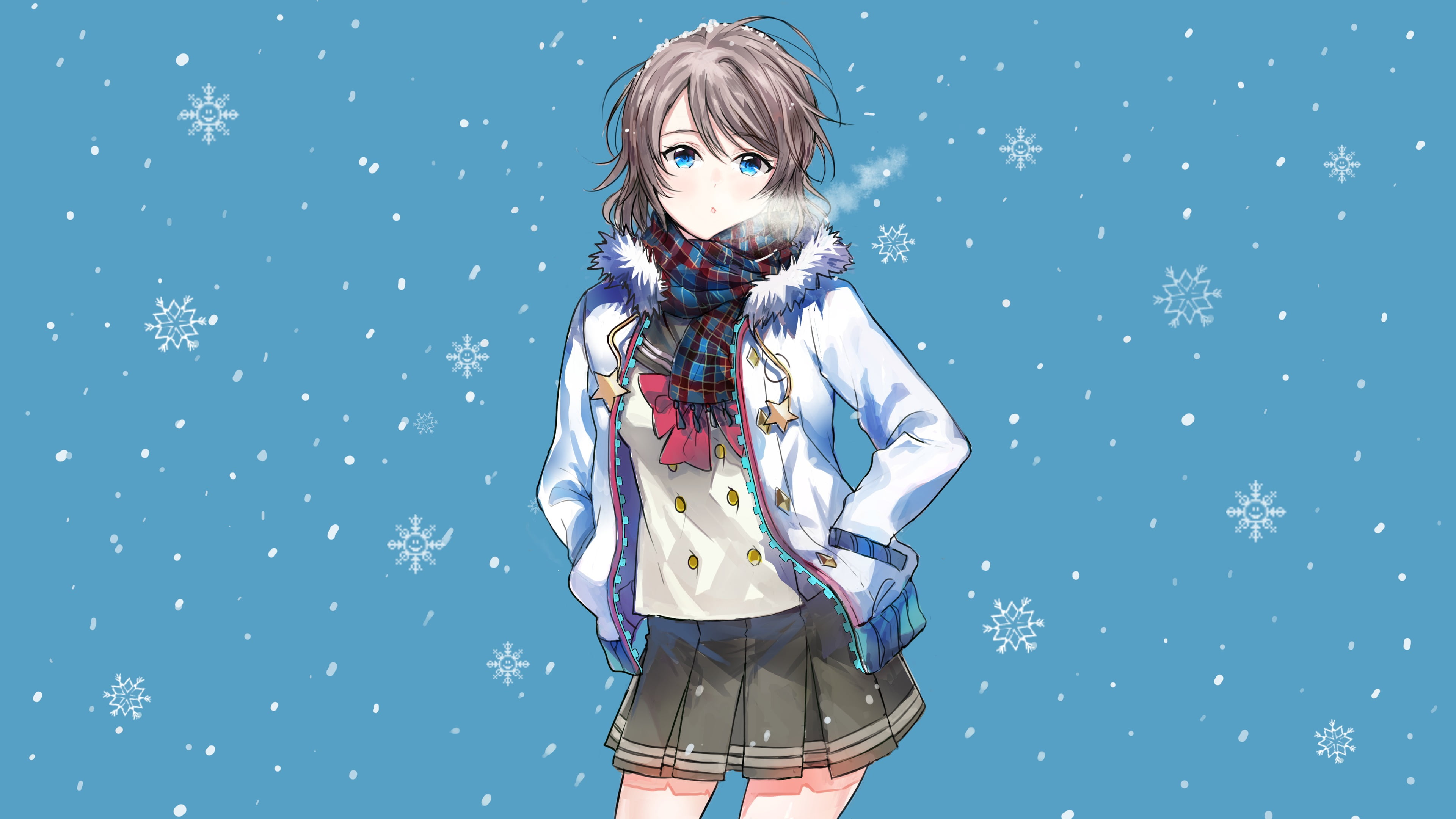 colored background, Watanabe You, 4K, Love Live!, clothing, one person, standing, hairstyle, blue, young women, scarf, adult, simple background, three quarter length, HD Wallpaper