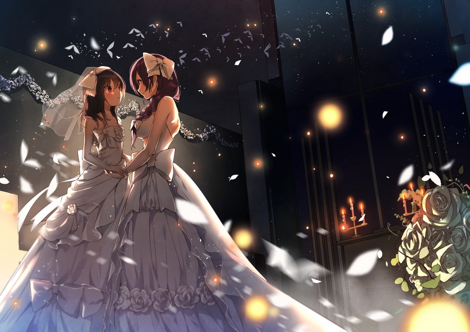 celebration, togetherness, young adult, Love Live!, real people, night, adult, wedding, Yazawa Nico, event, illuminated, wedding dress, Toujou Nozomi, two people, HD Wallpaper