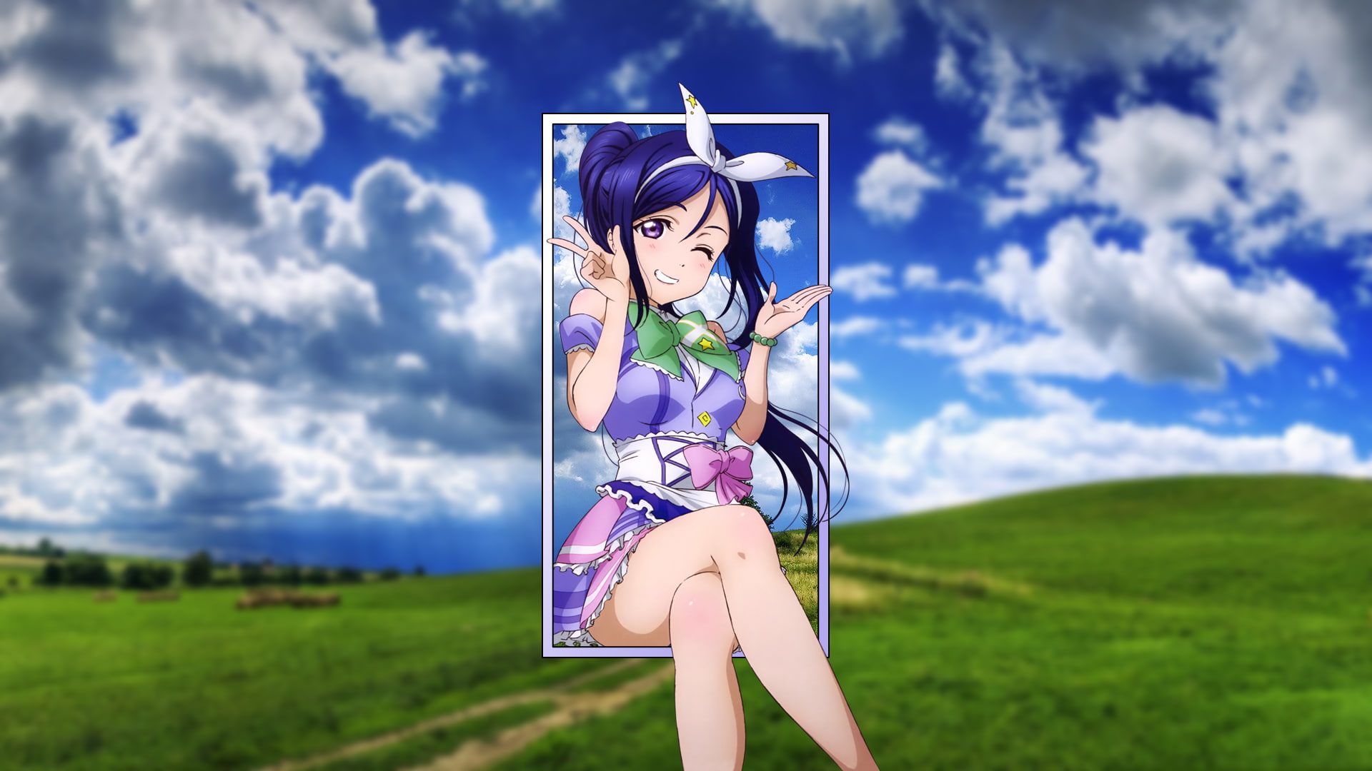 1080P, field, lifestyles, anime girls, hairstyle, sky, fashion, Love Live! Sunshine, young women, Matsuura Kanan, innocence, render in shapes, green color, HD Wallpaper