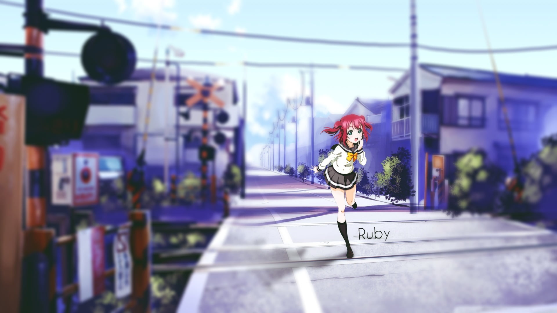 1080P, Kurosawa Ruby, human representation, transportation, communication, mode of transportation, building exterior, outdoors, woman, overlay, building, HD Wallpaper