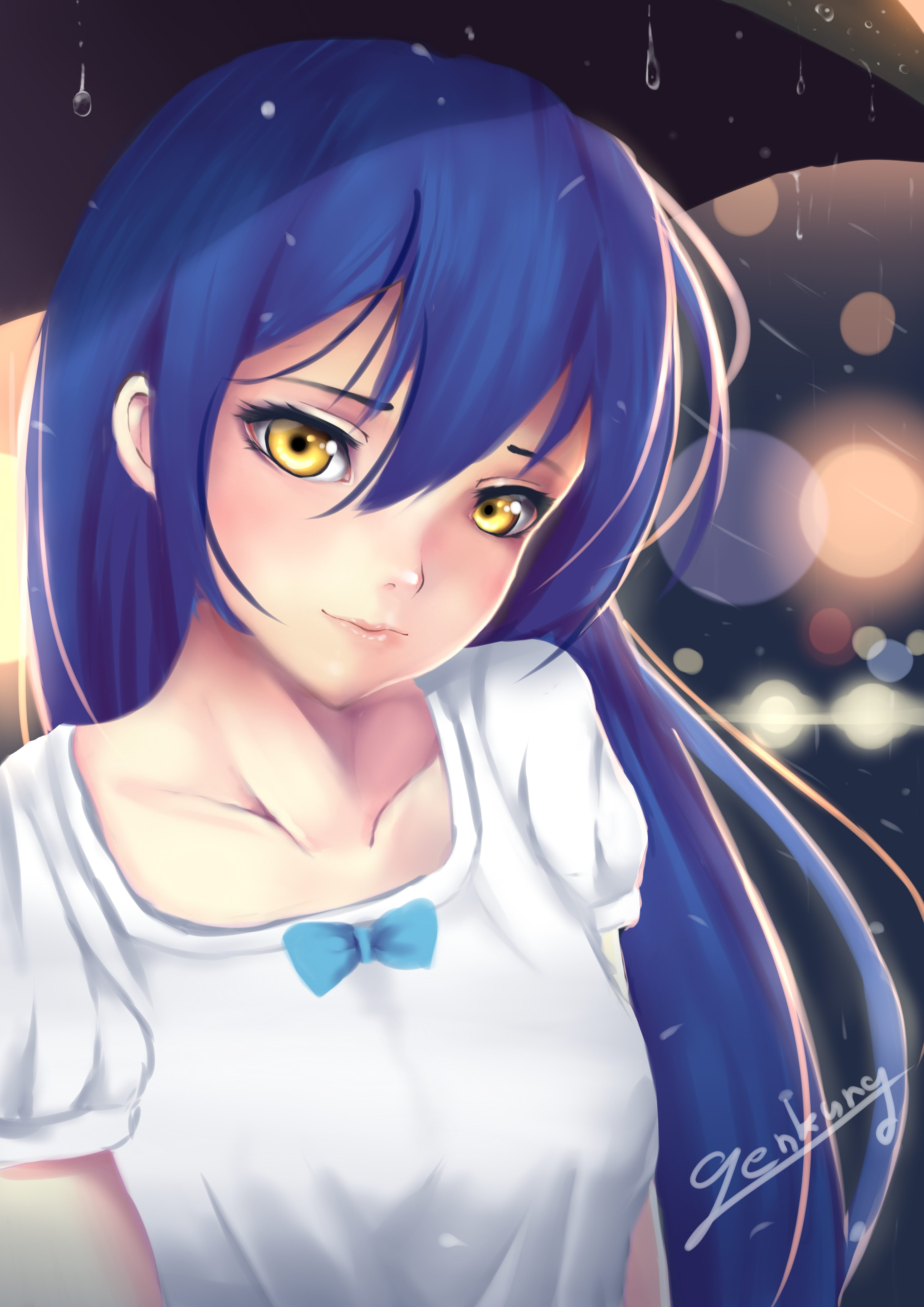 women, human body part, 4K, yellow eyes, Sonoda Umi, beautiful people, mystery, night, looking at camera, anime girls, clothing, beauty, headshot, human face, Phone HD Wallpaper