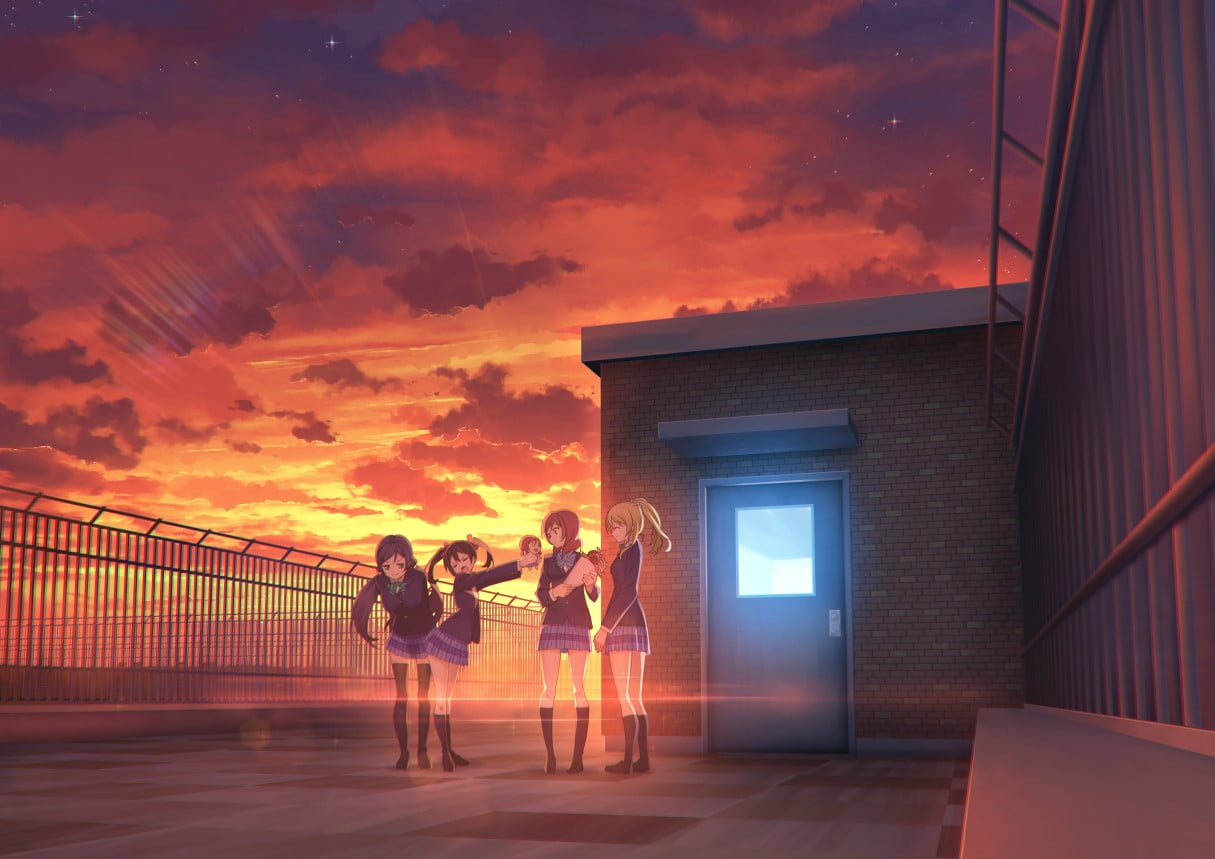 sunset, building exterior, real people, 480P, outdoors, lifestyles, architecture, togetherness, orange color, Toujou Nozomi, anime girls, Yazawa Nico, HD Wallpaper