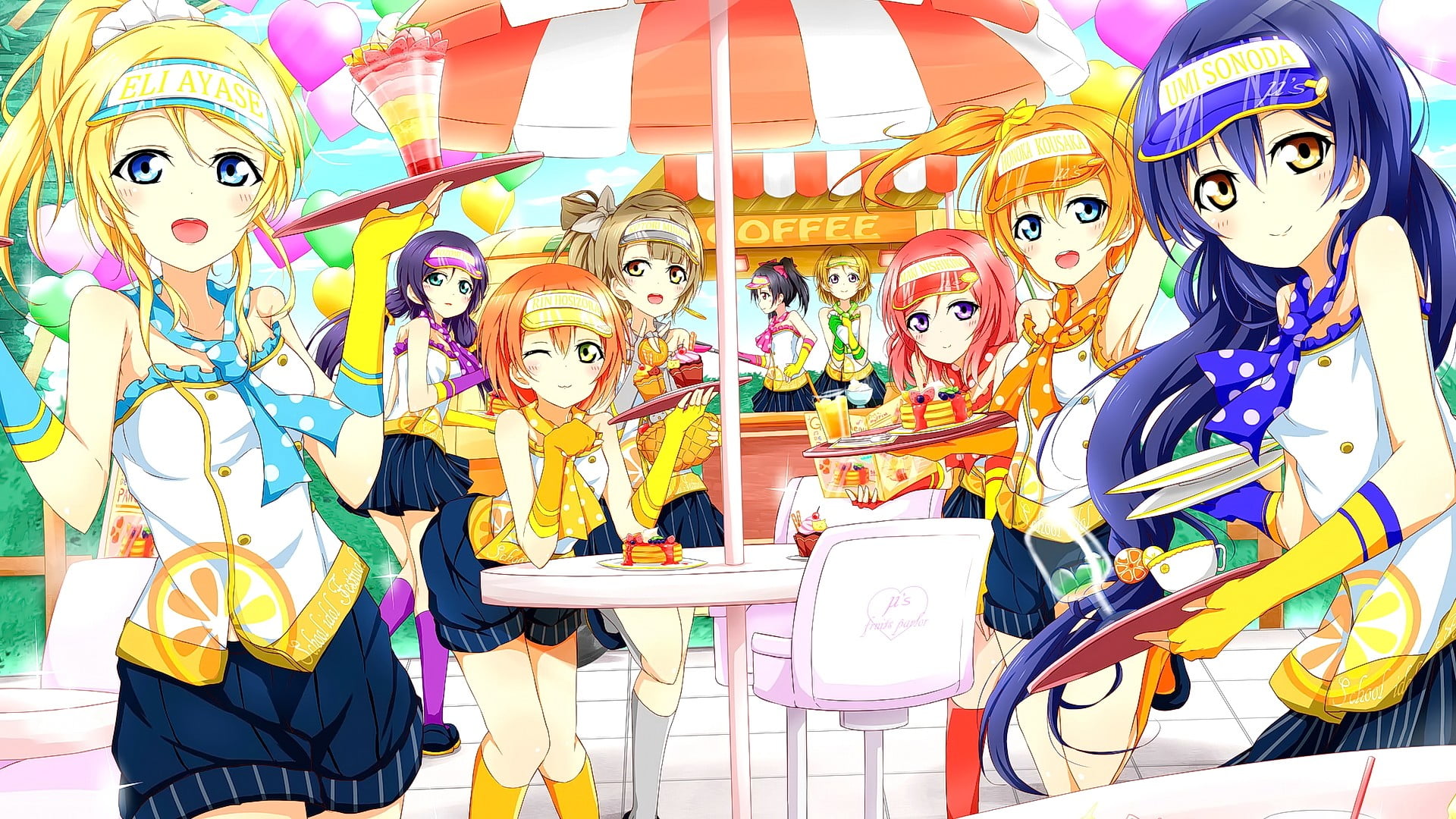 anime, people, Love Live!, Hoshizora Rin, indoors, pink hair, anime girls, multi colored, day, amusement park ride, Sonoda Umi, looking at viewer, amusement park, HD Wallpaper