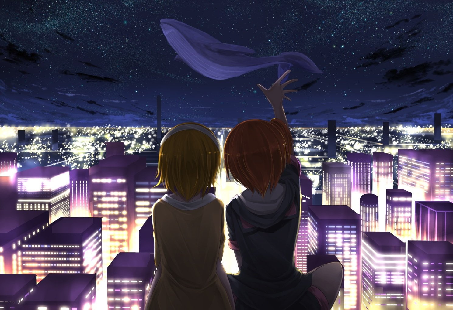 orein, short, building, girls, blonde, project, hanayo, live!, 720P, hair, love, hoodie, clouds, idol, orange, city, night, hoshizora, koizumi, school, HD Wallpaper