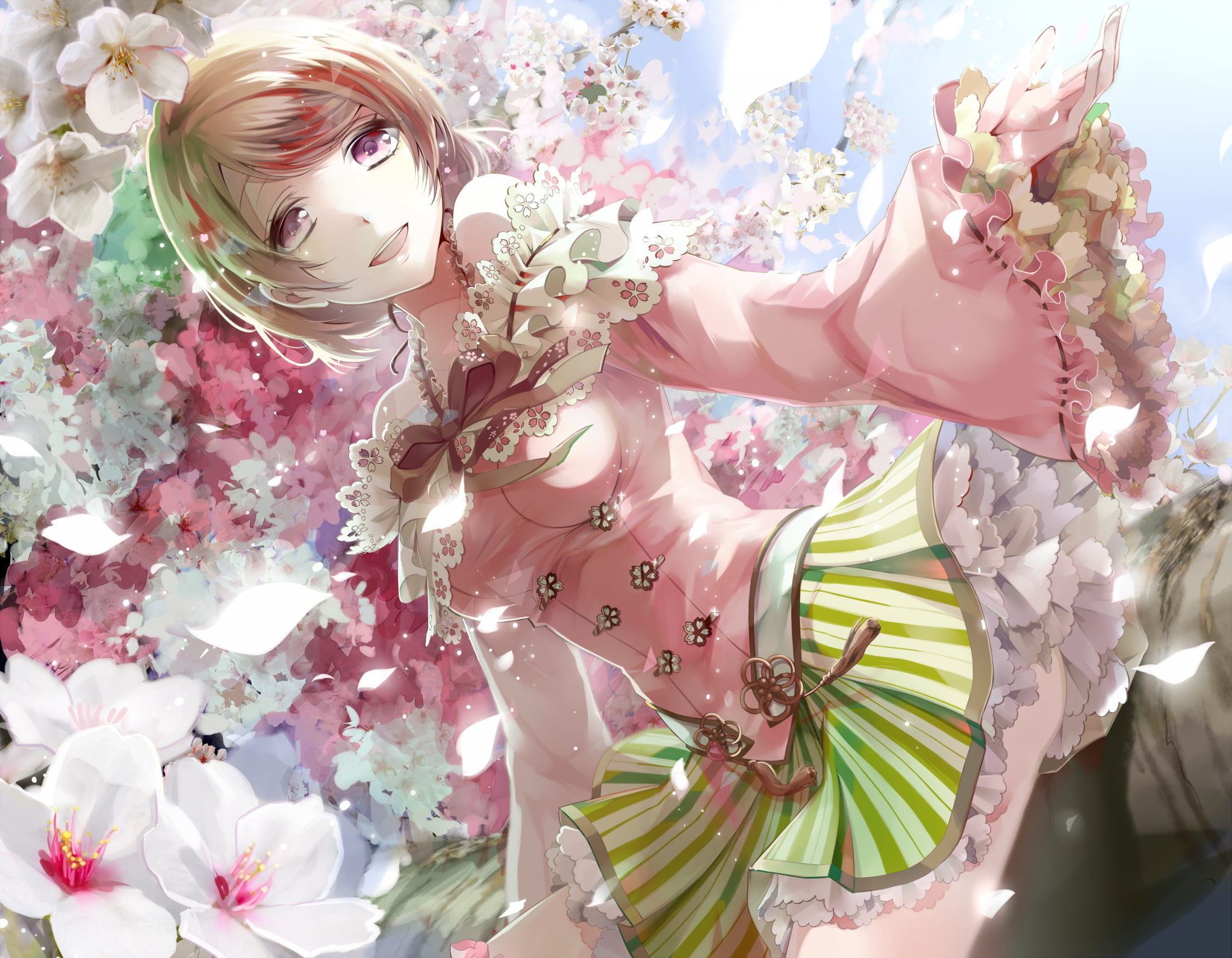 floral pattern, low angle view, anime girls, flowering plant, no people, vulnerability, creativity, plant, flower head, cherry blossom, petal, fragility, HD Wallpaper