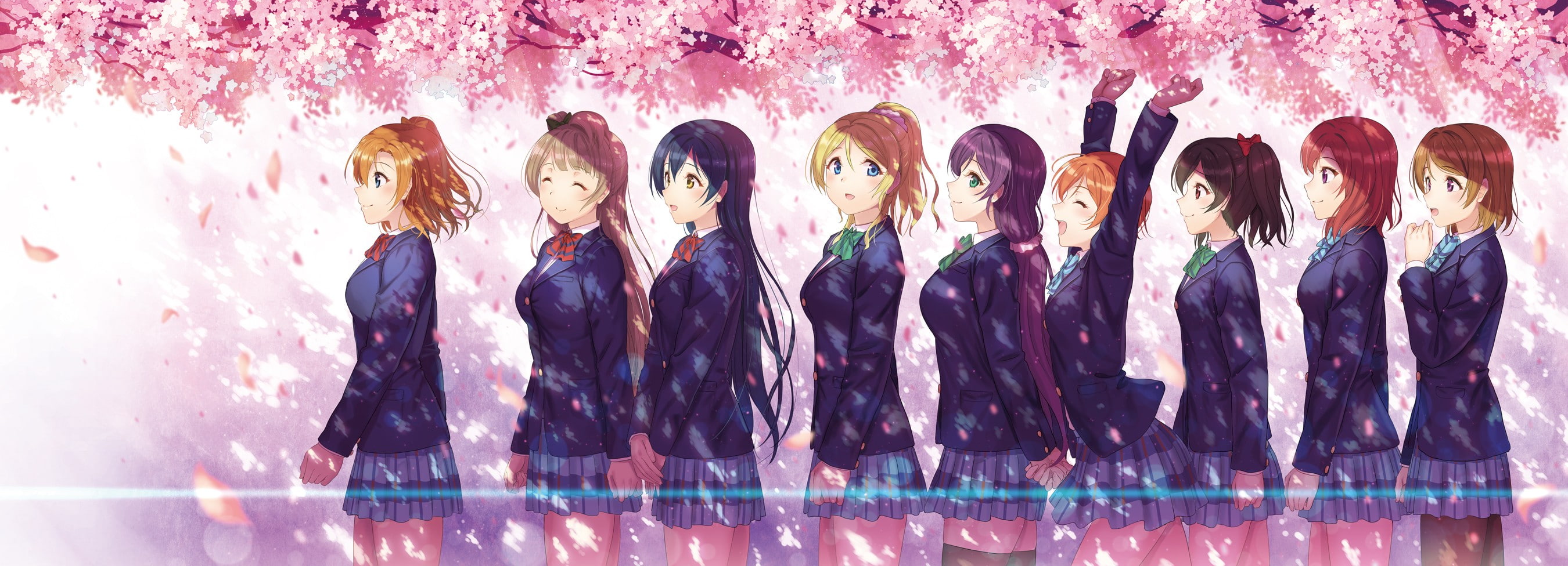 Minami Kotori, Nishikino Maki, Sonoda Umi, Koizumi Hanayo, Ayase Eri, cherry blossom, Yazawa Nico, Kousaka Honoka, 2K, Hoshizora Rin, anime girls, school uniform, HD Wallpaper
