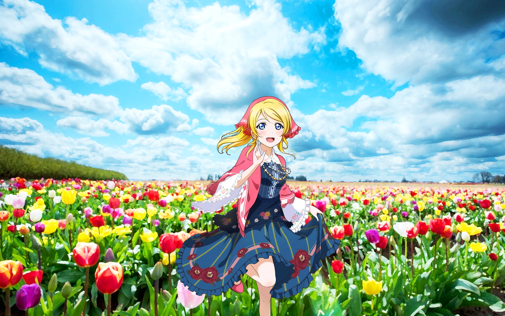 1080P, Ayase Eri, clouds, anime girls, flowers, Love Live!, anime, HD Wallpaper