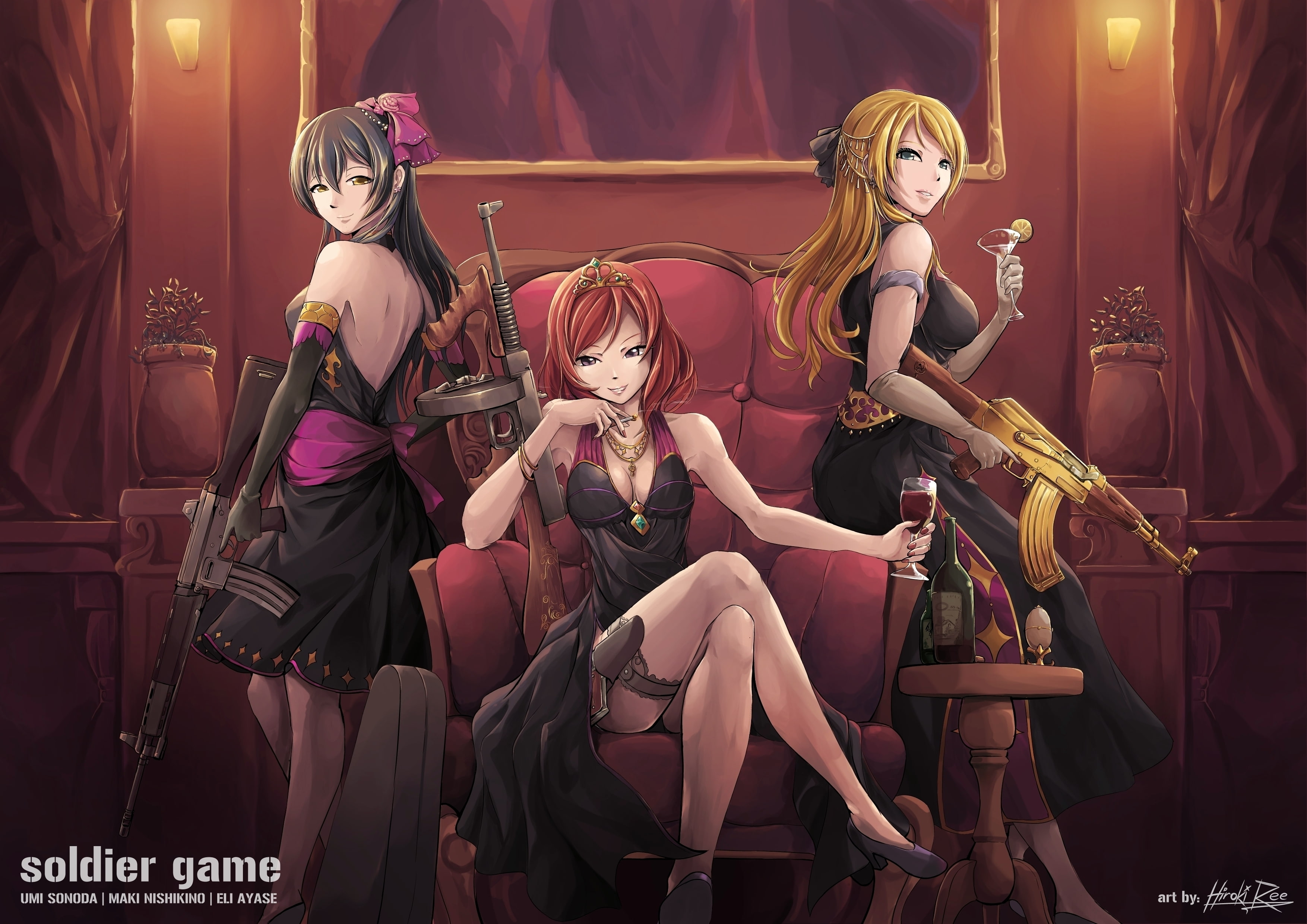 2K, indoors, clothing, fashion, Anime, young women, beauty, toy, group of people, people, beautiful woman, women, guns, ayase eri, representation, human representation, HD Wallpaper