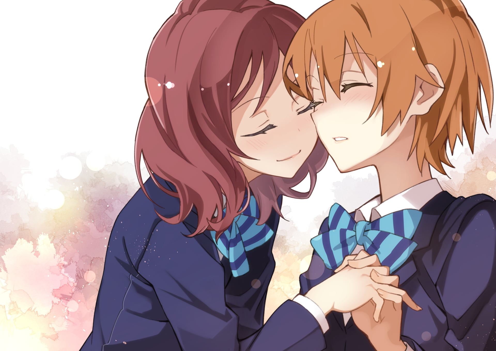 close-up, clothing, Hoshizora Rin, anime girls, school uniform, Nishikino Maki, nature, 1080P, two people, representation, portrait, women, real people, HD Wallpaper