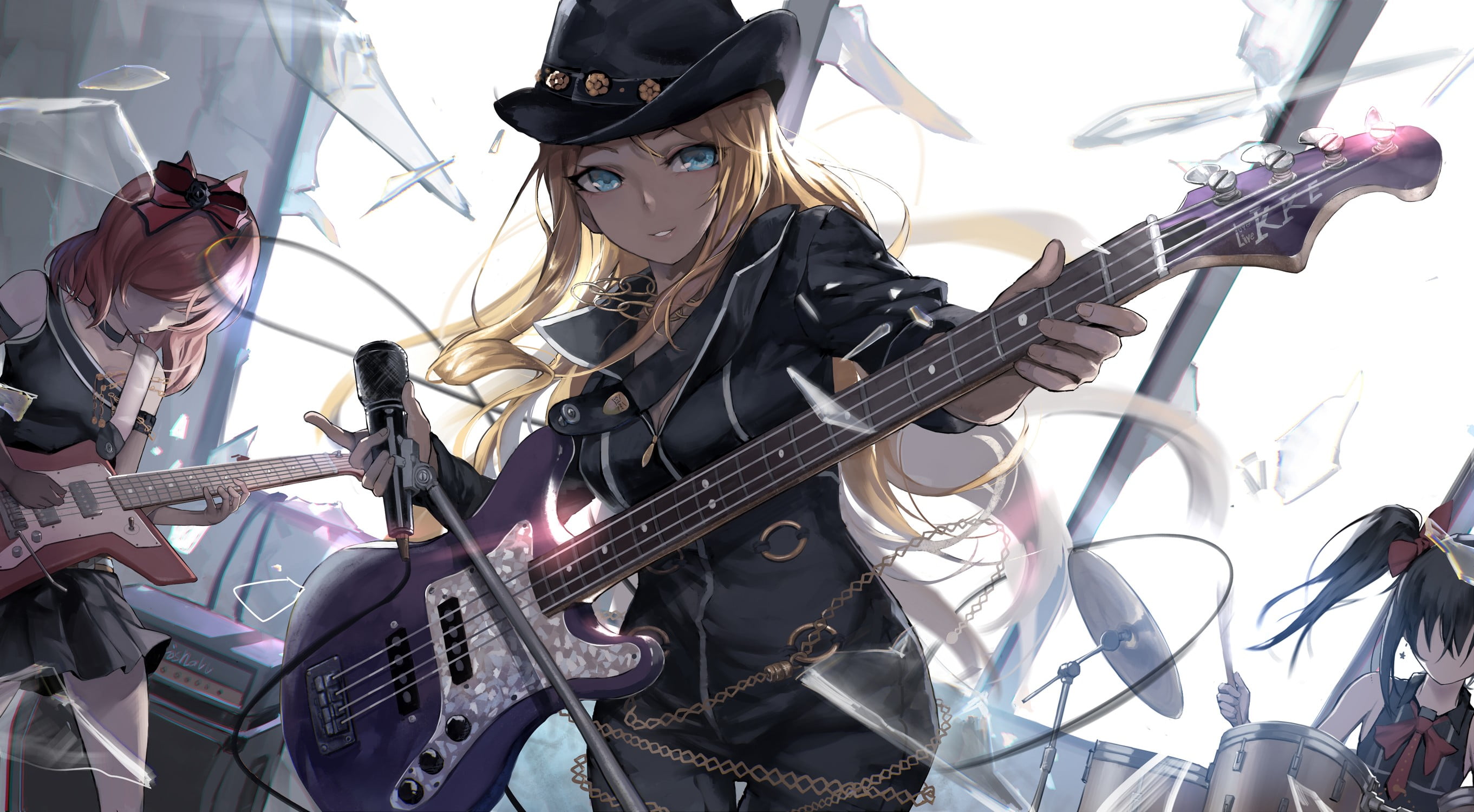 guitar, metal, indoors, representation, creativity, domestic animals, Ayase Eli, music, arts culture and entertainment, musical instrument, bodysuit, anime, HD Wallpaper