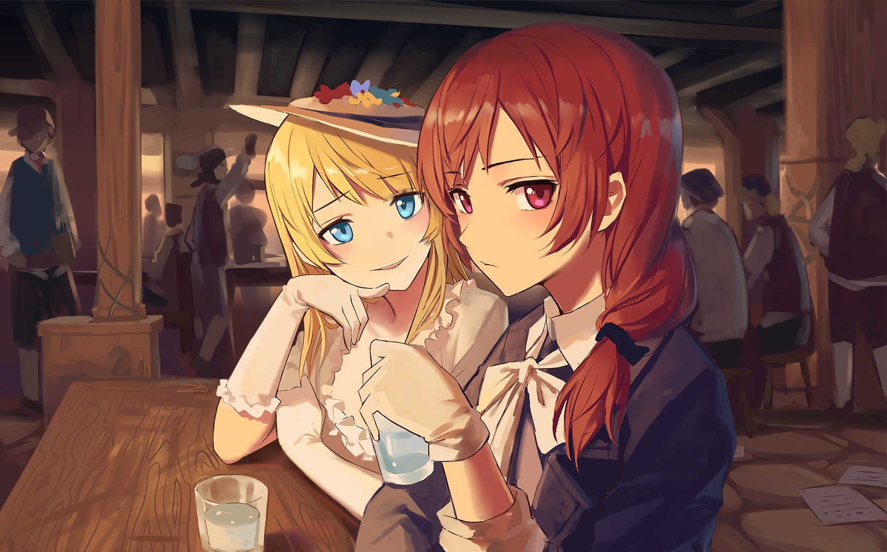720P, Nishikino Maki, blonde, anime girls, red eyes, Love Live!, Ayase Eli, hat, long hair, redhead, blue eyes, anime, HD Wallpaper