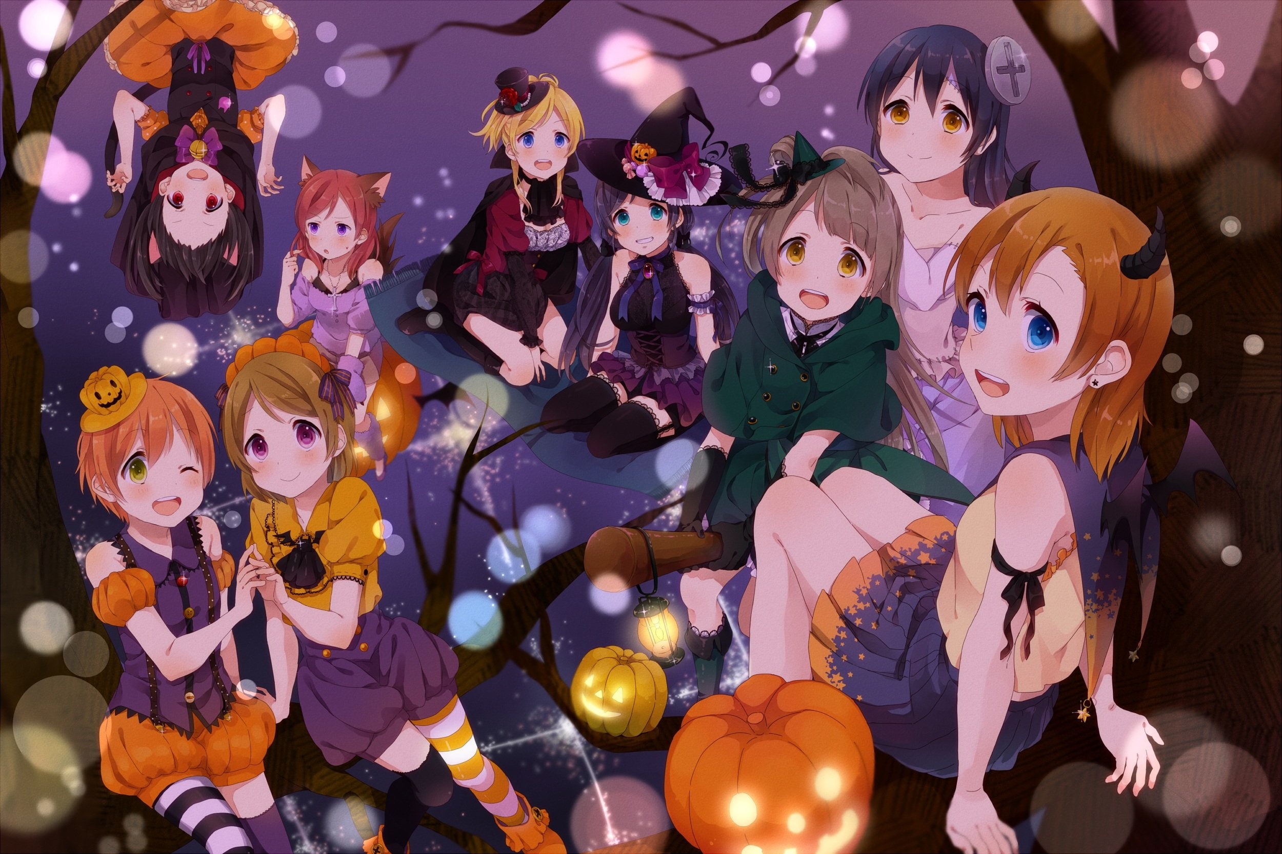 halloween, 1080P, sonoda, yazawa, nico, wings, bloomers, ayase, horns, umi, ears, stockings, thighhighs, eli, nozomi, live!, animal, witch, toujou, tail, HD Wallpaper