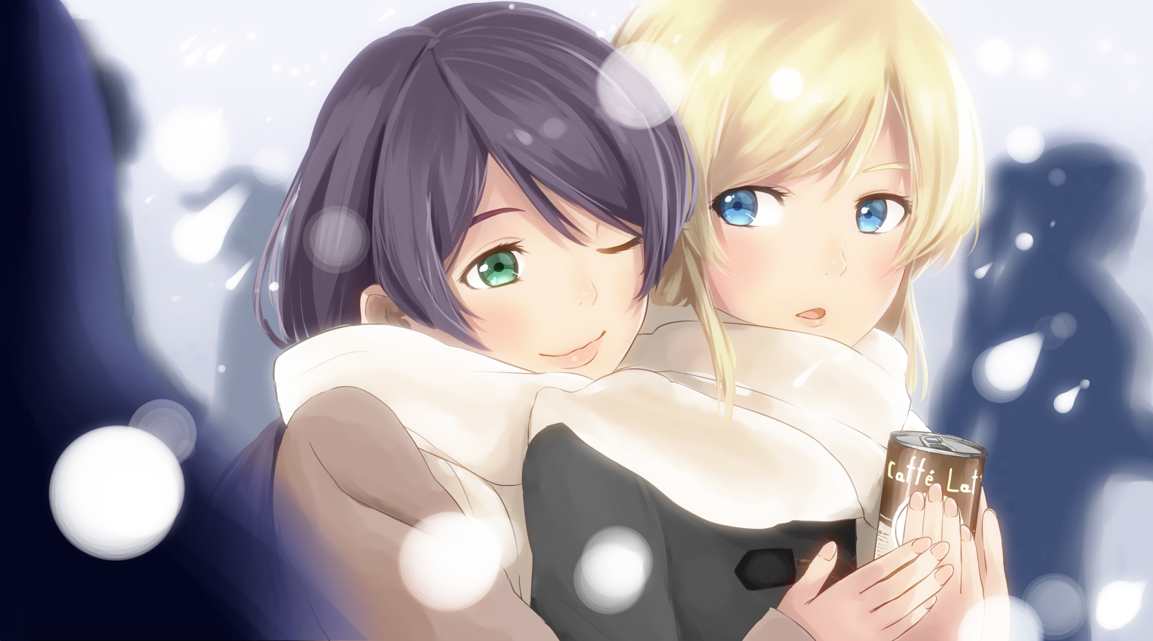 back hug, ayase eli, Anime, toujou nozomi, wink, scarf, love live, 1080P, HD Wallpaper