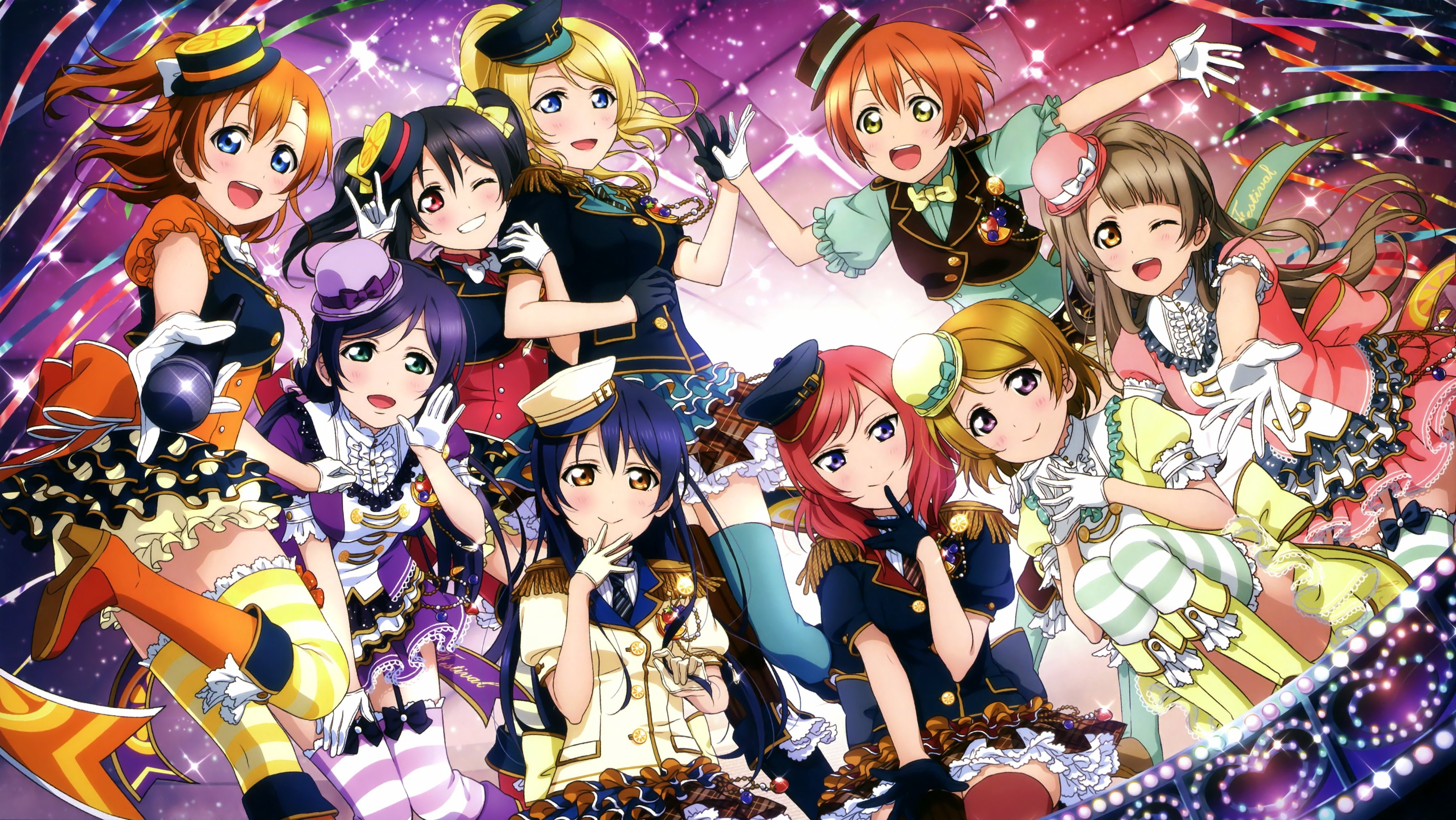 boots, eyes, long, uniform, red, bow, 2K, wink, tie, hat, skirt, hair, brown, gloves, eli, dress, ayase, microphone, blue, HD Wallpaper