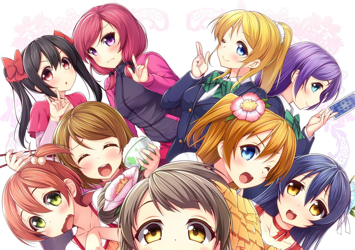 eyes, ponytail, fang, pink, bow, hair, ayase, twintails, long, blush, blue, red, food, choker, flowers, nullken, wink, eli, seifuku, 720P, HD Wallpaper
