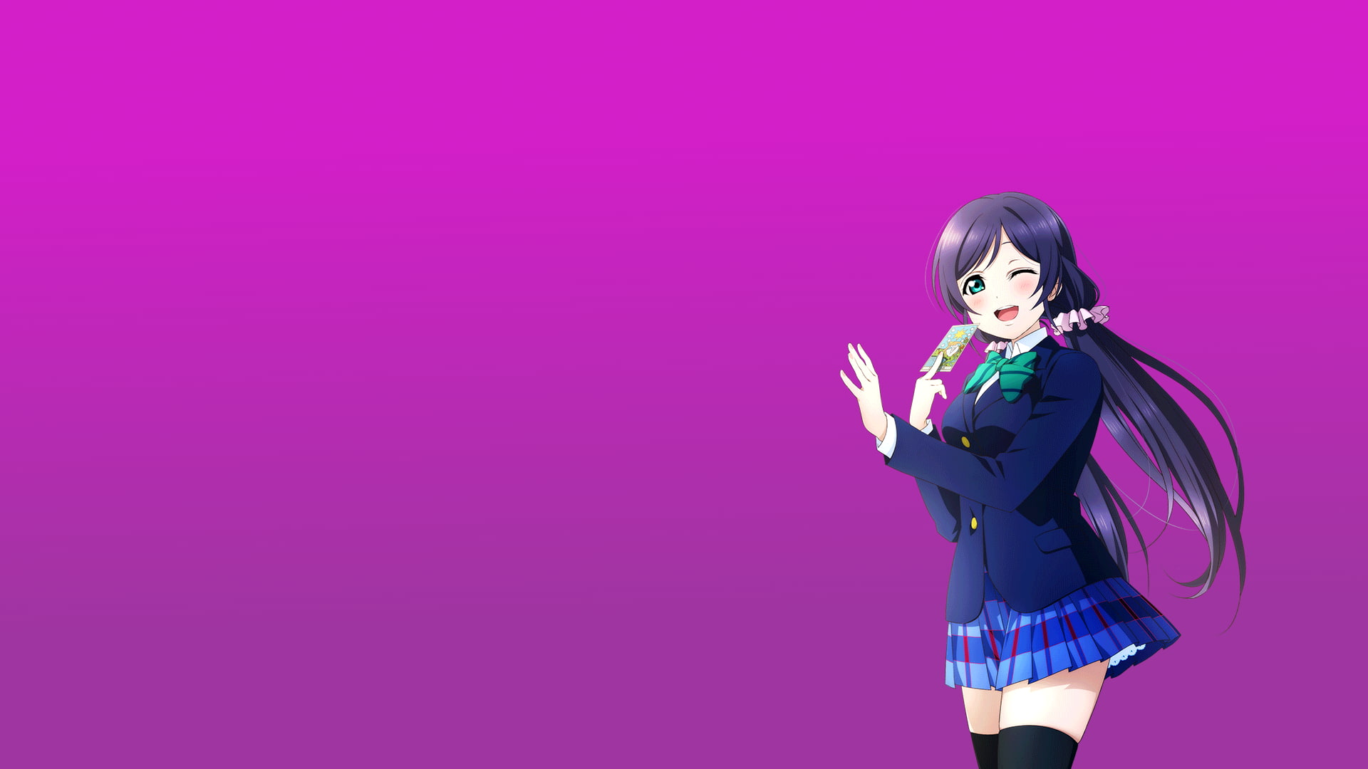 anime, purple, Nozomi Tojo, portrait, looking at camera, 1080P, studio shot, indoors, Toujou Nozomi, pink color, young adult, colored background, beauty, HD Wallpaper