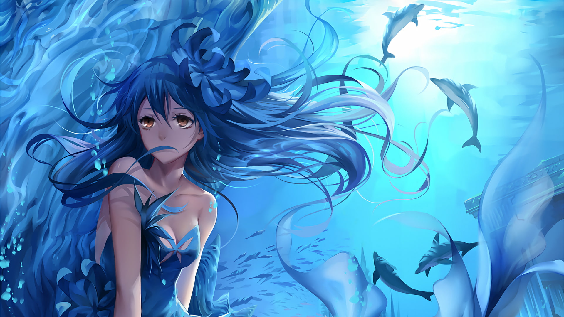 Water, Dress, 1080P, Love Live!, Long Hair, Brown Eyes, Girl, Dolphin, Blue Dress, Umi Sonoda, Anime, Blue Hair, Underwater, HD Wallpaper