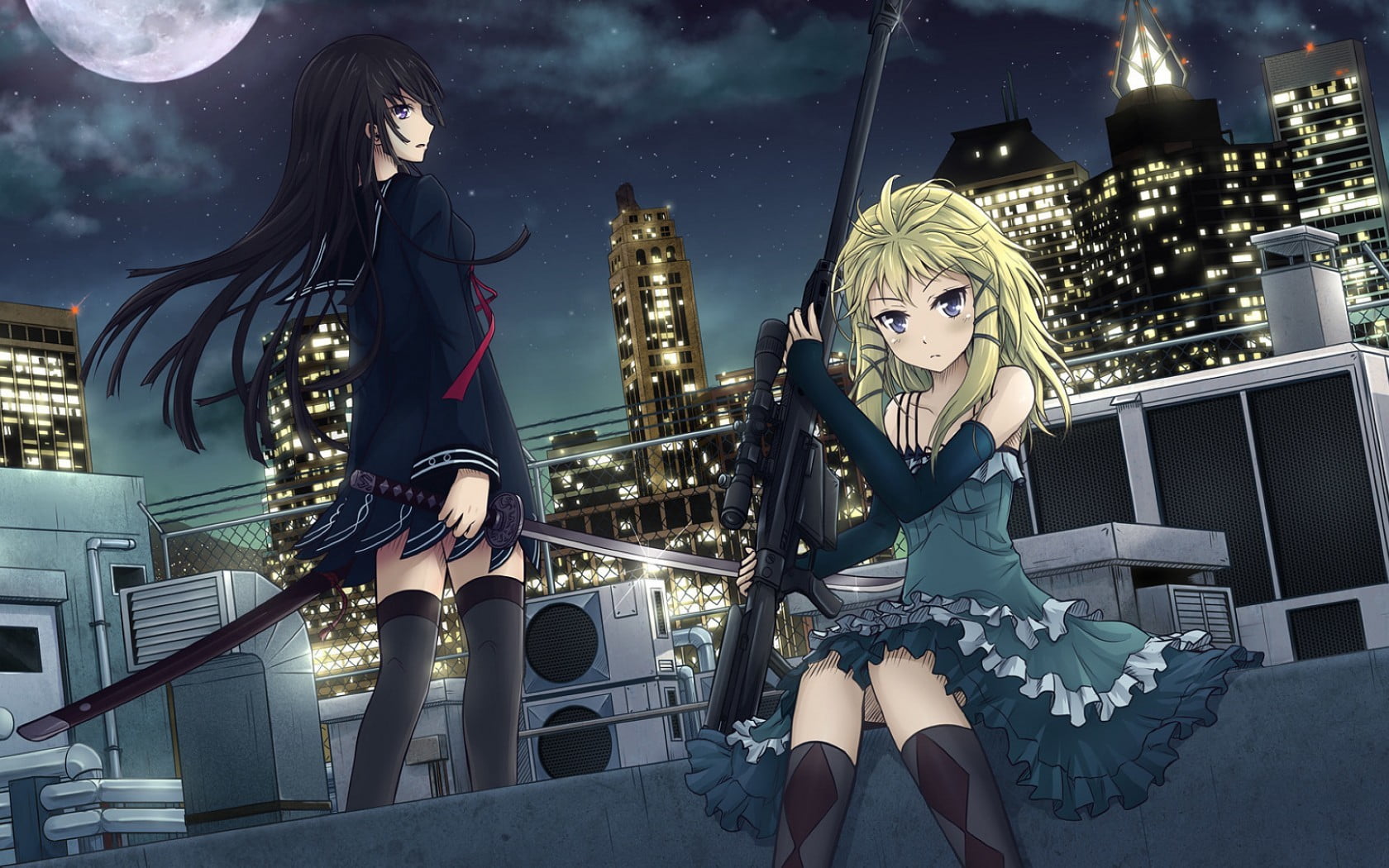 female likeness, sky, anime, building exterior, transparent, illuminated, sculpture, Black Bullet, 720P, human representation, representation, sniper rifle, HD Wallpaper