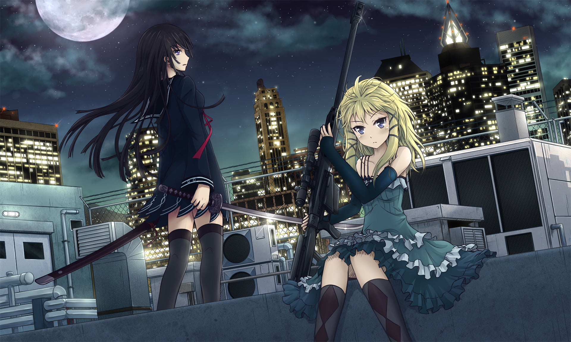city, human representation, Tina Sprout, building exterior, 1080P, Anime, people, women, female likeness, katana, building, three quarter length, Black Bullet, HD Wallpaper