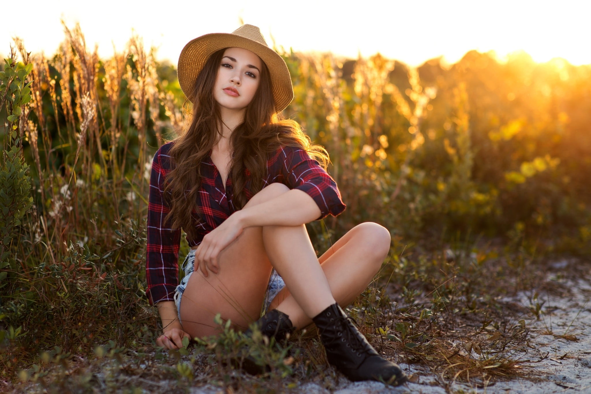 sitting, outdoors, women outdoors, leisure activity, land, clothing, 1080P, fashion, shoes, nature, portrait, teenager, looking at camera, hair, young adult, HD Wallpaper