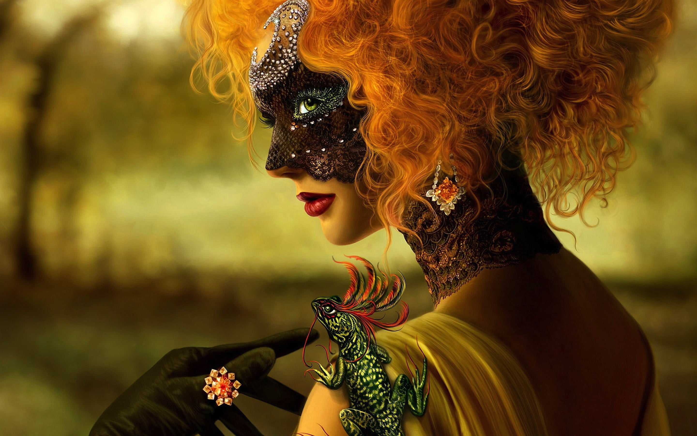 2K, women, one person, hair, redhead, make-up, face, mask, plant, portrait, fashion, venetian masks, hairstyle, curly hair, fantasy girl, beauty, smiling, HD Wallpaper