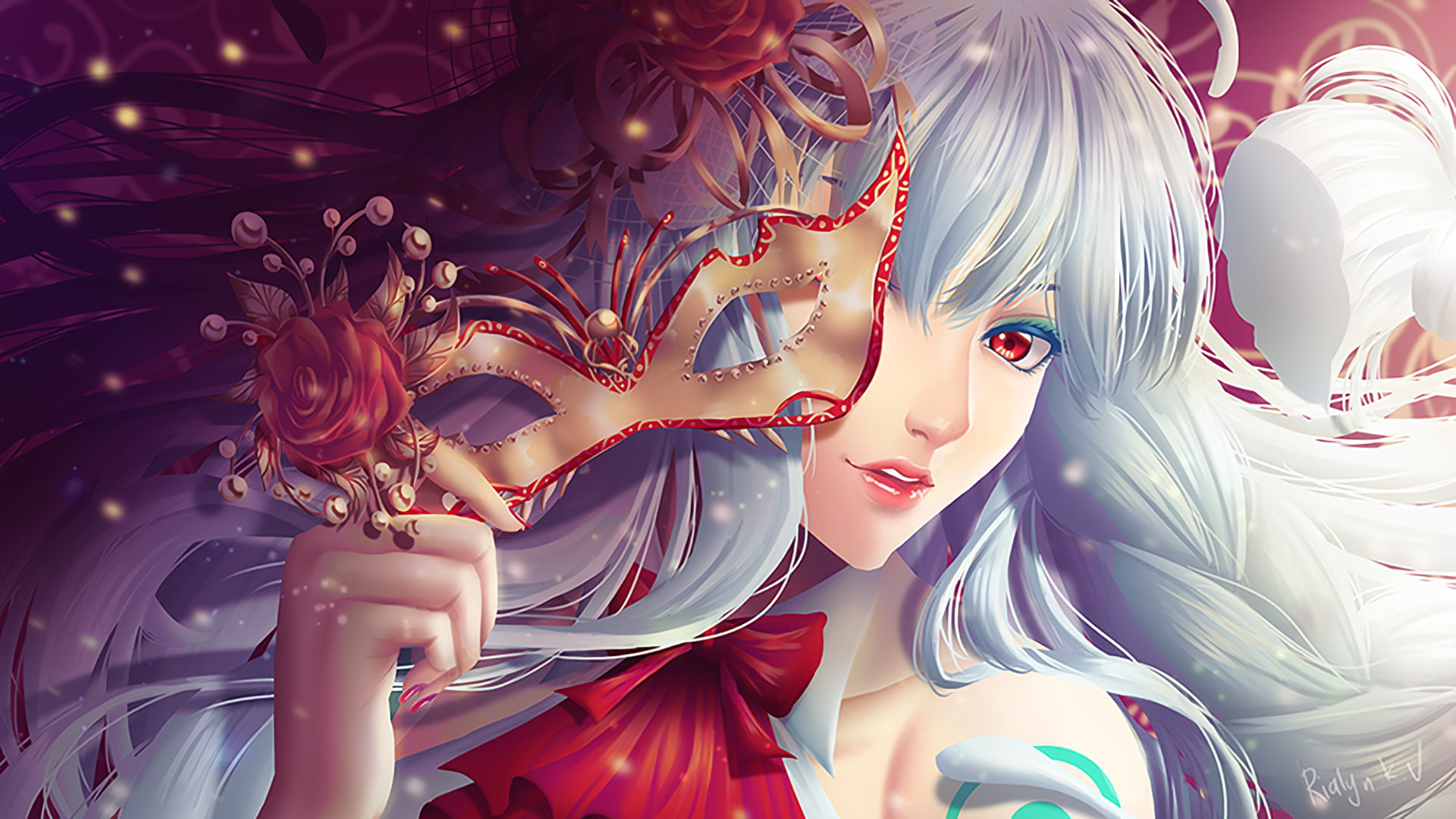 anime, long hair, rose, red eyes, mask, venetian masks, 1080P, anime girls, HD Wallpaper