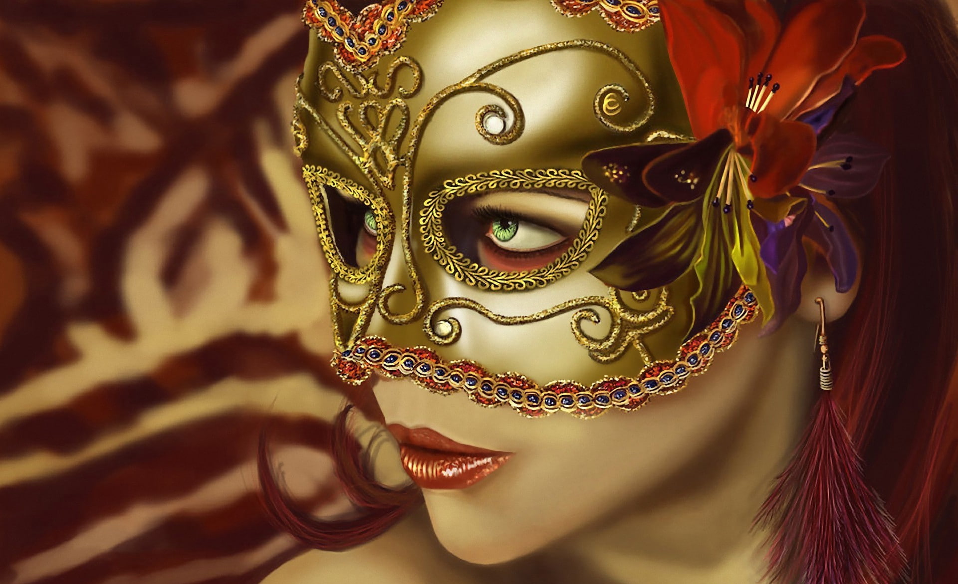 mask, one person, design, 1080P, women, focus on foreground, carnival - celebration event, carnival, art and craft, redhead, obscured face, artwork, costume, HD Wallpaper