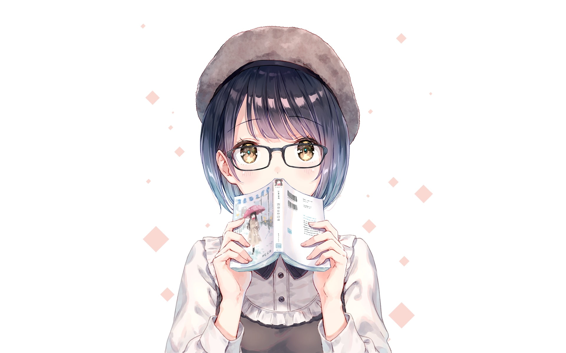256374, eyes, book, hair, konachan, brown, original, white, hat, goane, 1080P, black, ryu, hiten, fashion, lolita, short, blush, com, HD Wallpaper