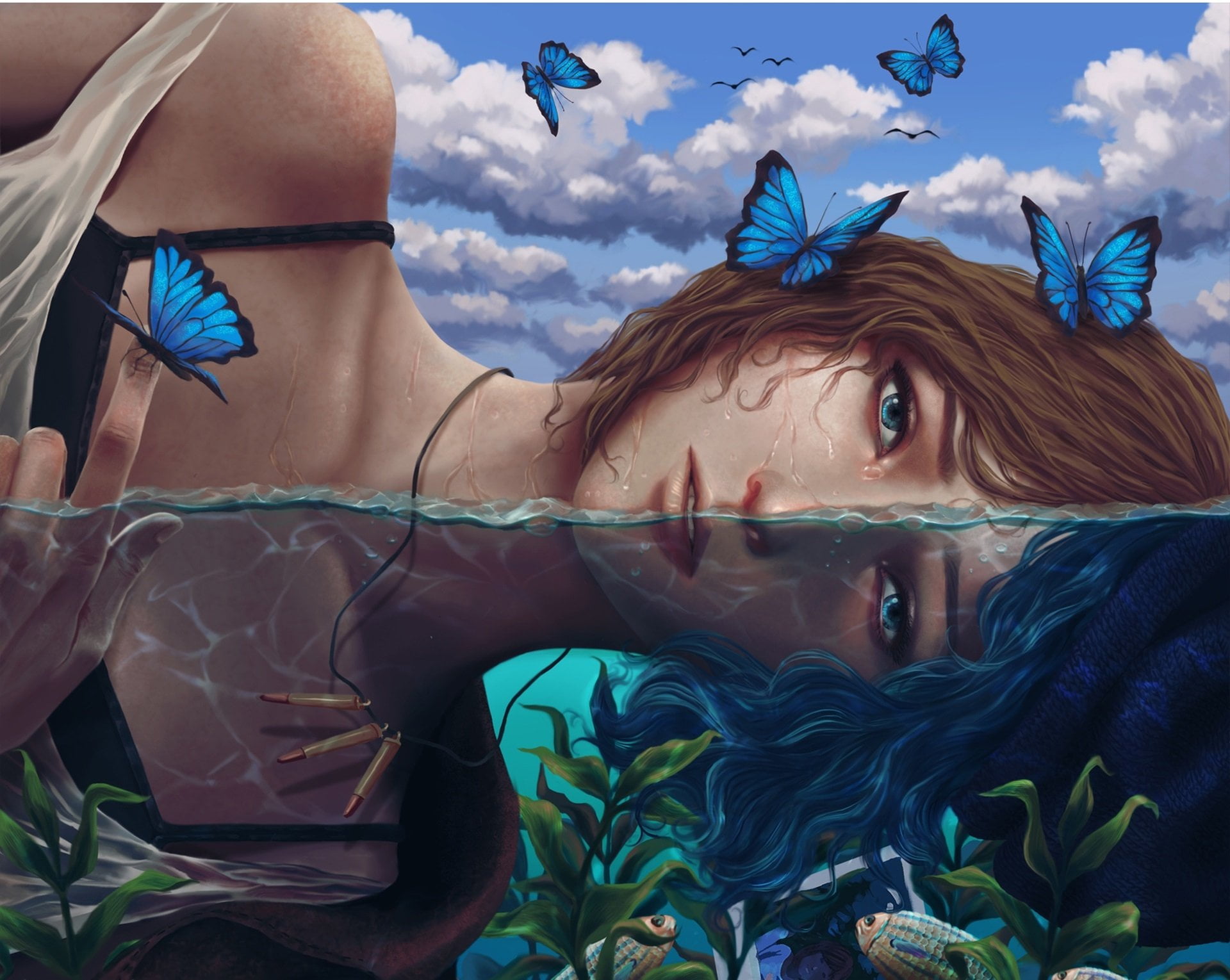 hairstyle, Water, nature, blue, young adult, Blue Eyes, portrait, Brown Hair, Butterfly, real people, young women, sky, Necklace, Blue Hair, lifestyles, HD Wallpaper
