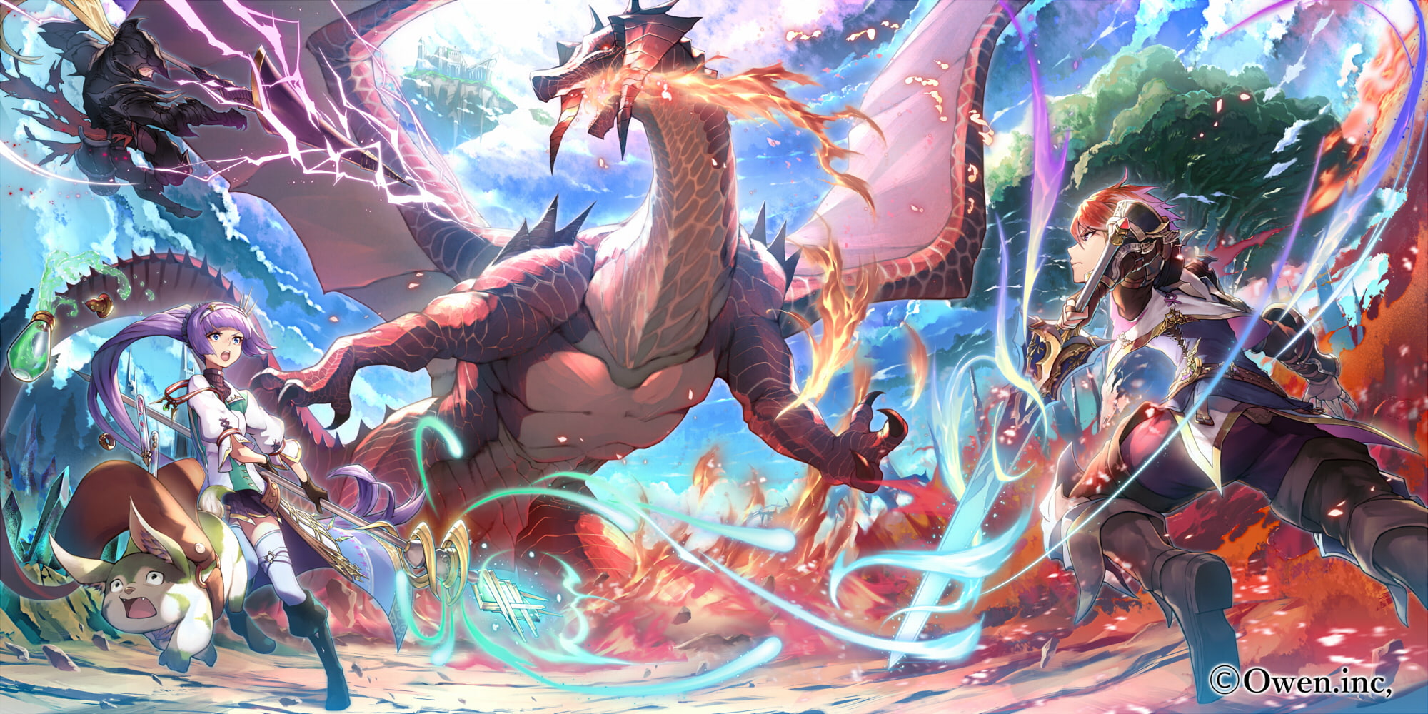 clouds, sword, konachan, 1080P, dragon, long, original, watermark, 261914, red, com, armor, weapon, sky, magic, drink, gloves, eyes, hair, staff, ponytail, HD Wallpaper